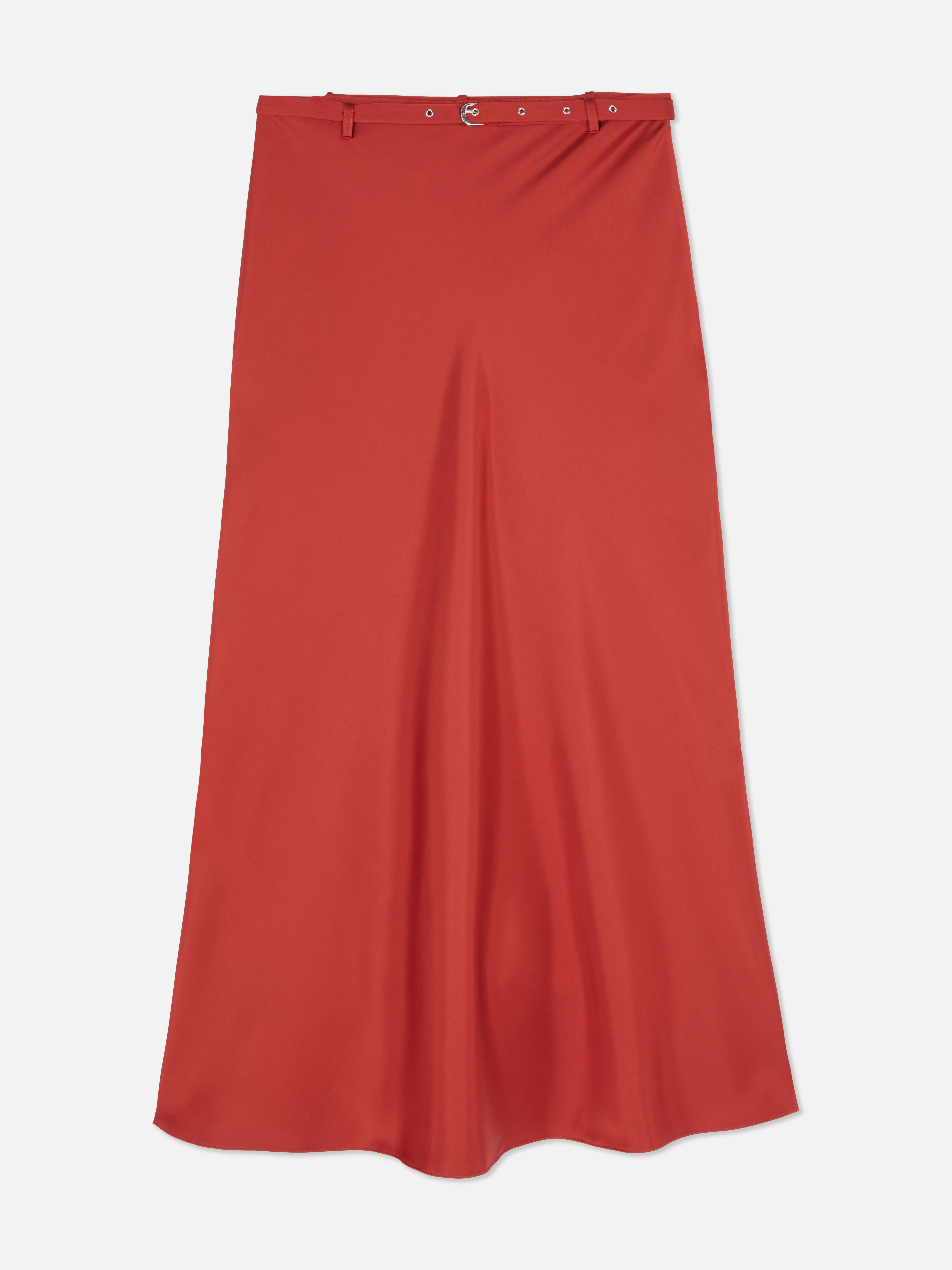 The Edit Belted Satin Midi Skirt