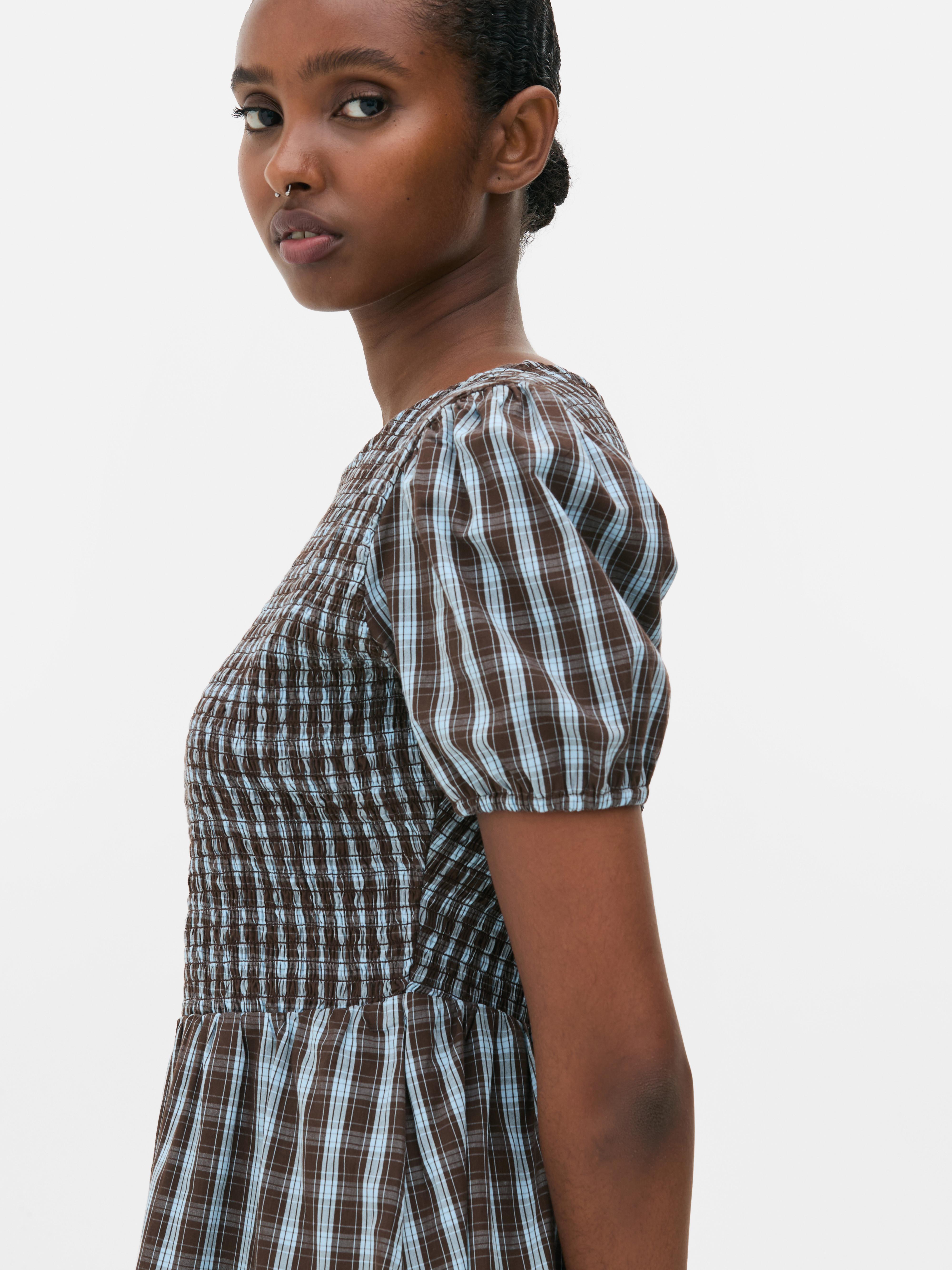 Puff Sleeve Check Mini Dress