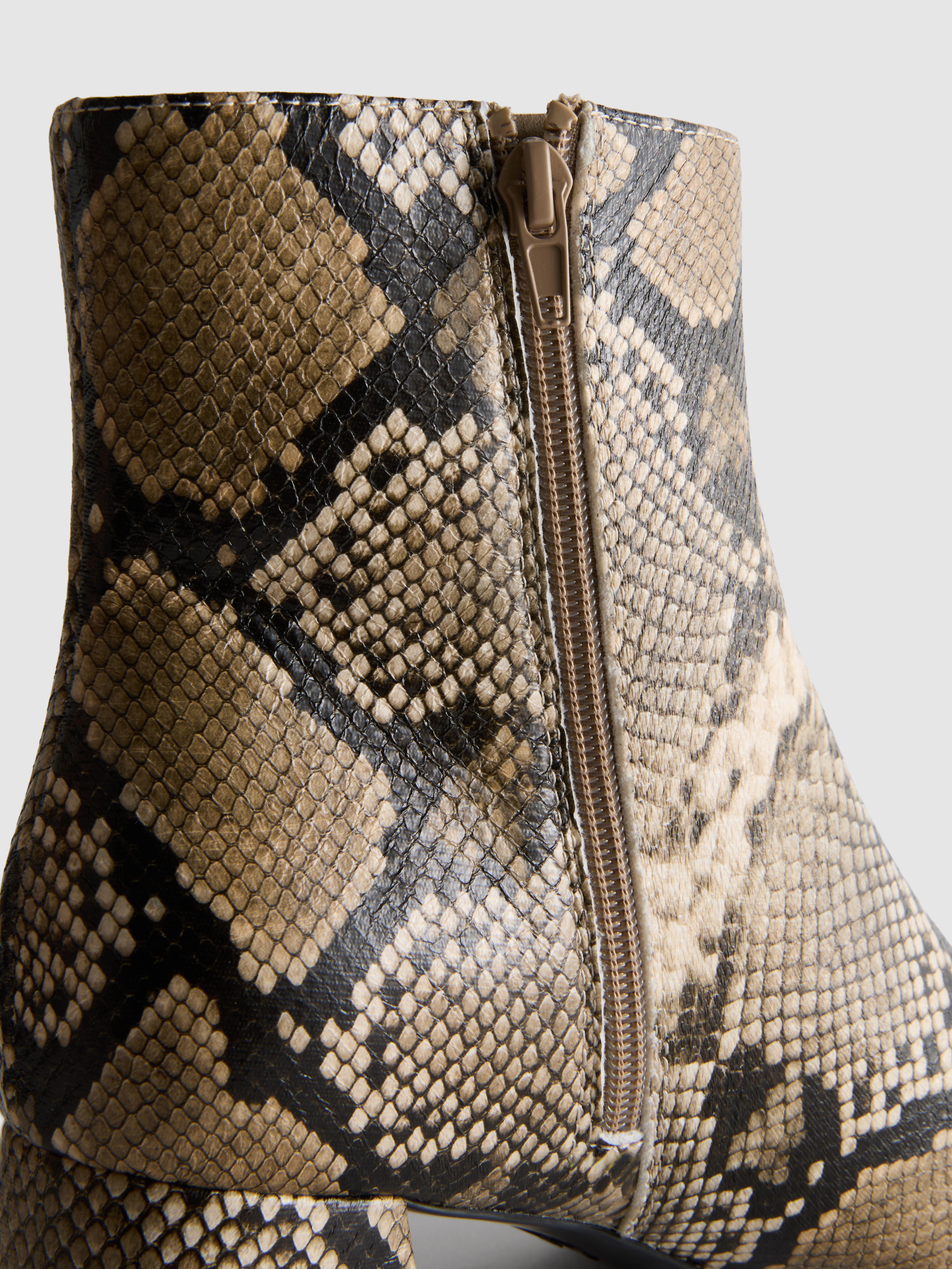 Faux Leather Snake Block Heel Ankle Boots