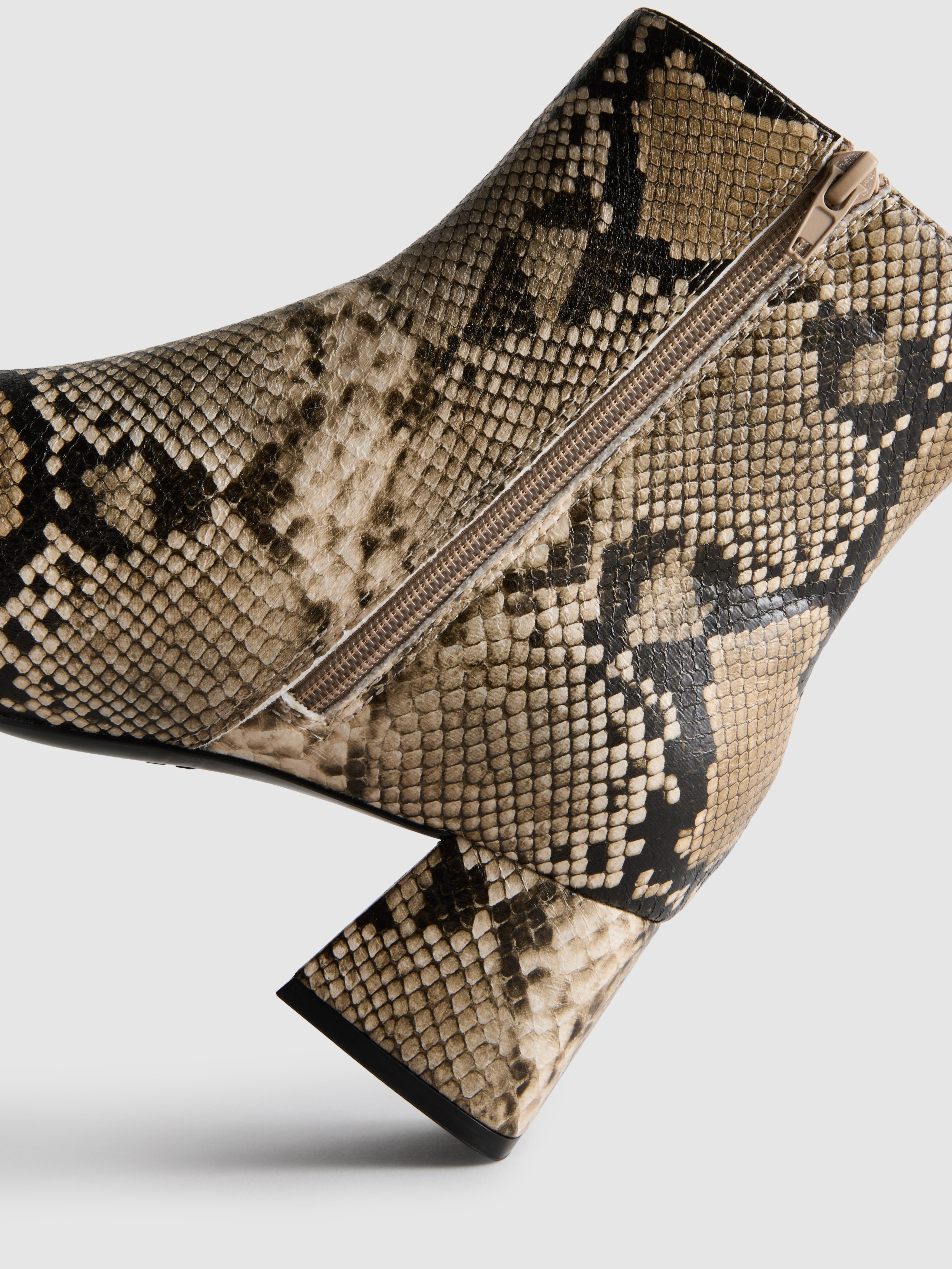 Faux Leather Snake Block Heel Ankle Boots