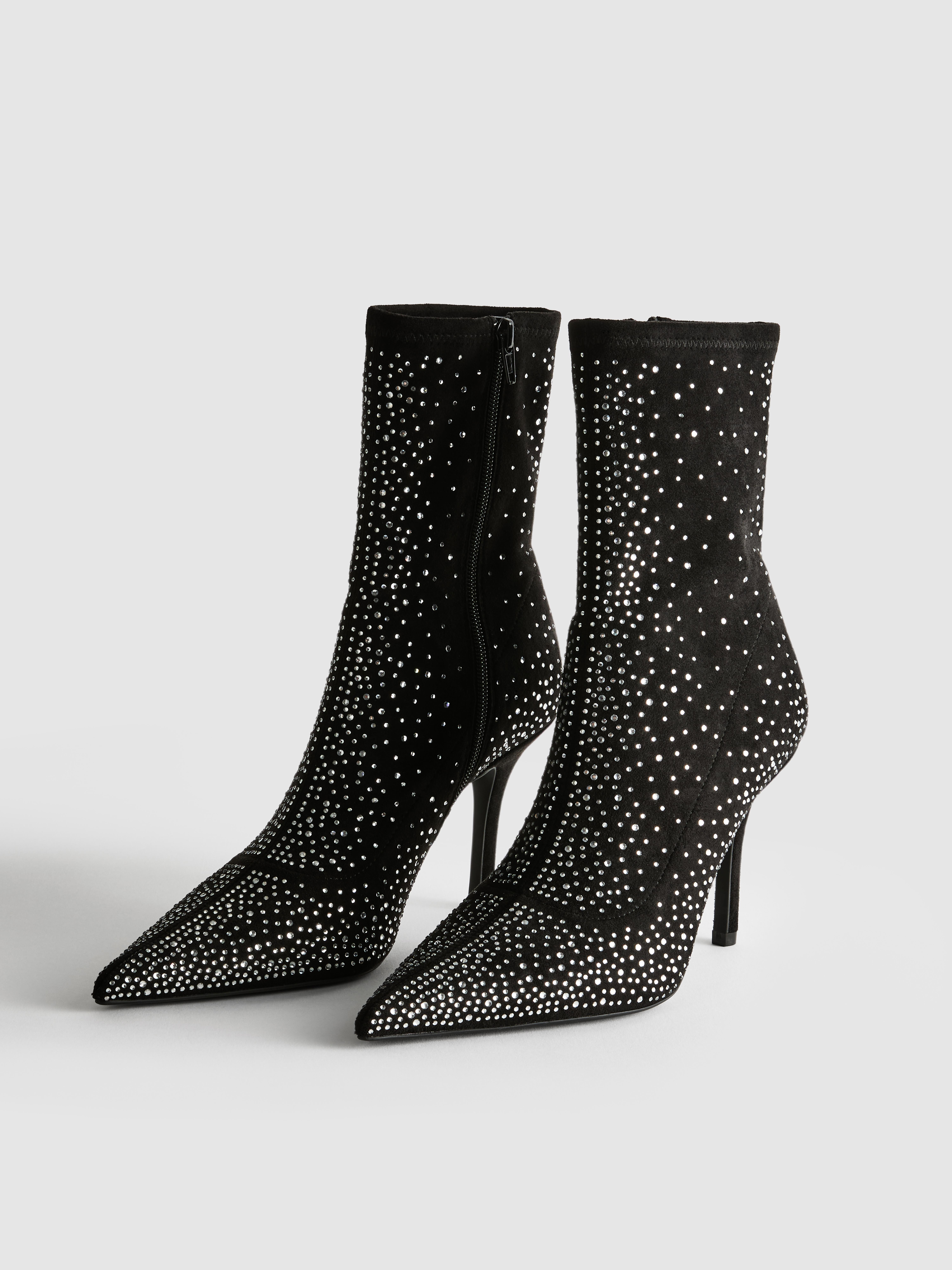 Embellished Rhinestone Heeled Sock Boots