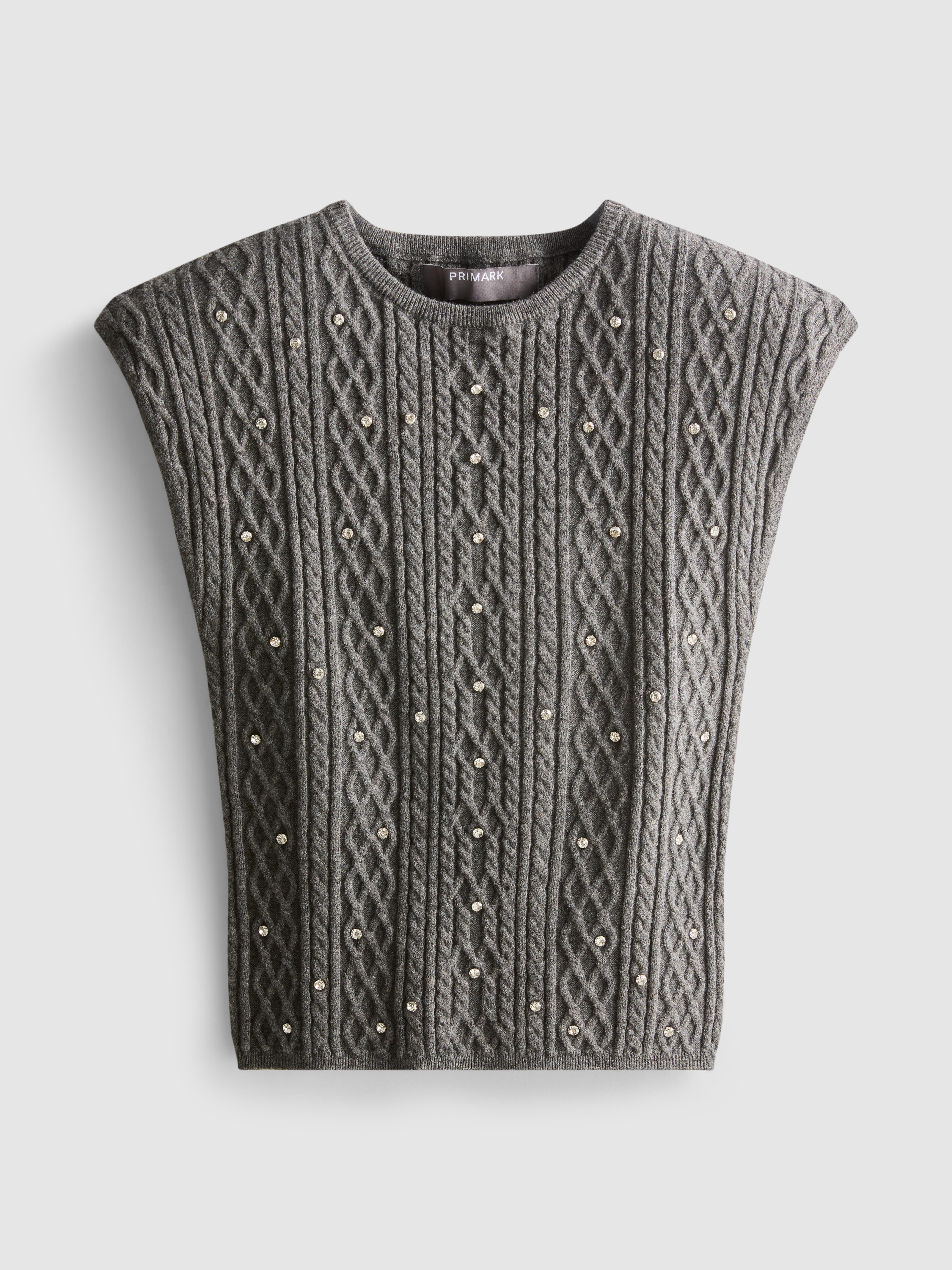 Rhinestone Embellished Cable Knit Vest