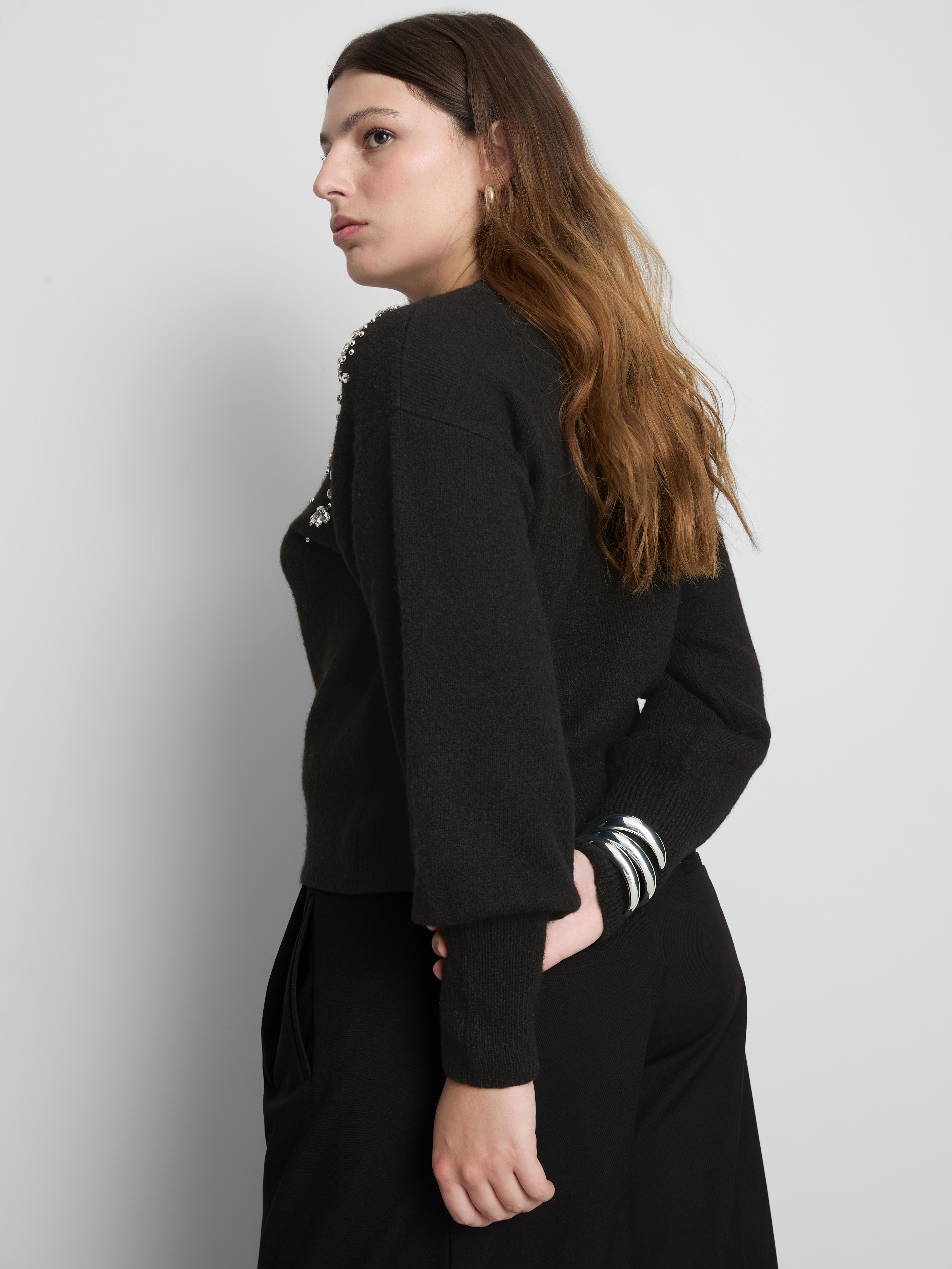 Embroidered Rhinestone Crew Neck Sweater