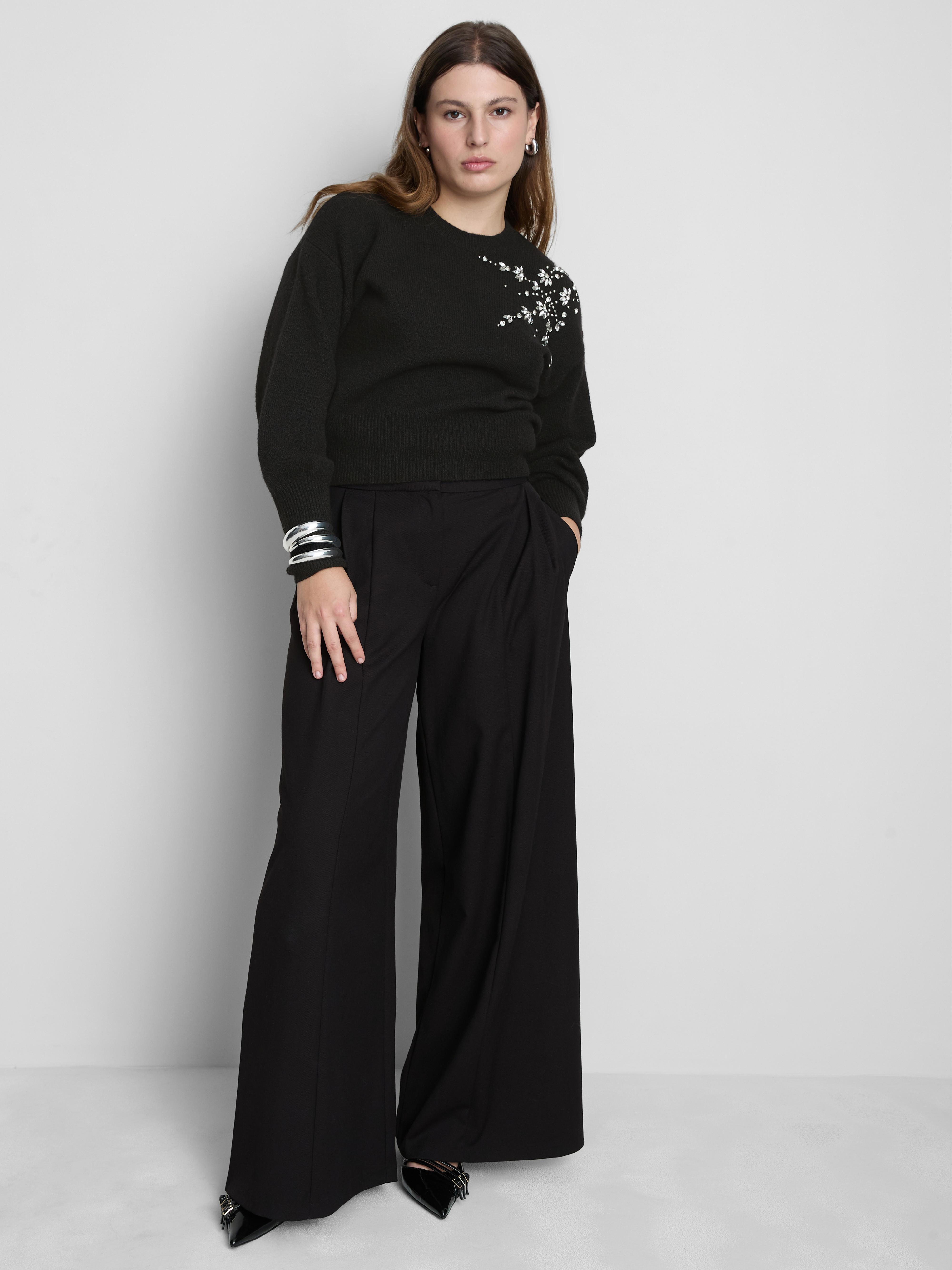 Embroidered Rhinestone Crew Neck Sweater