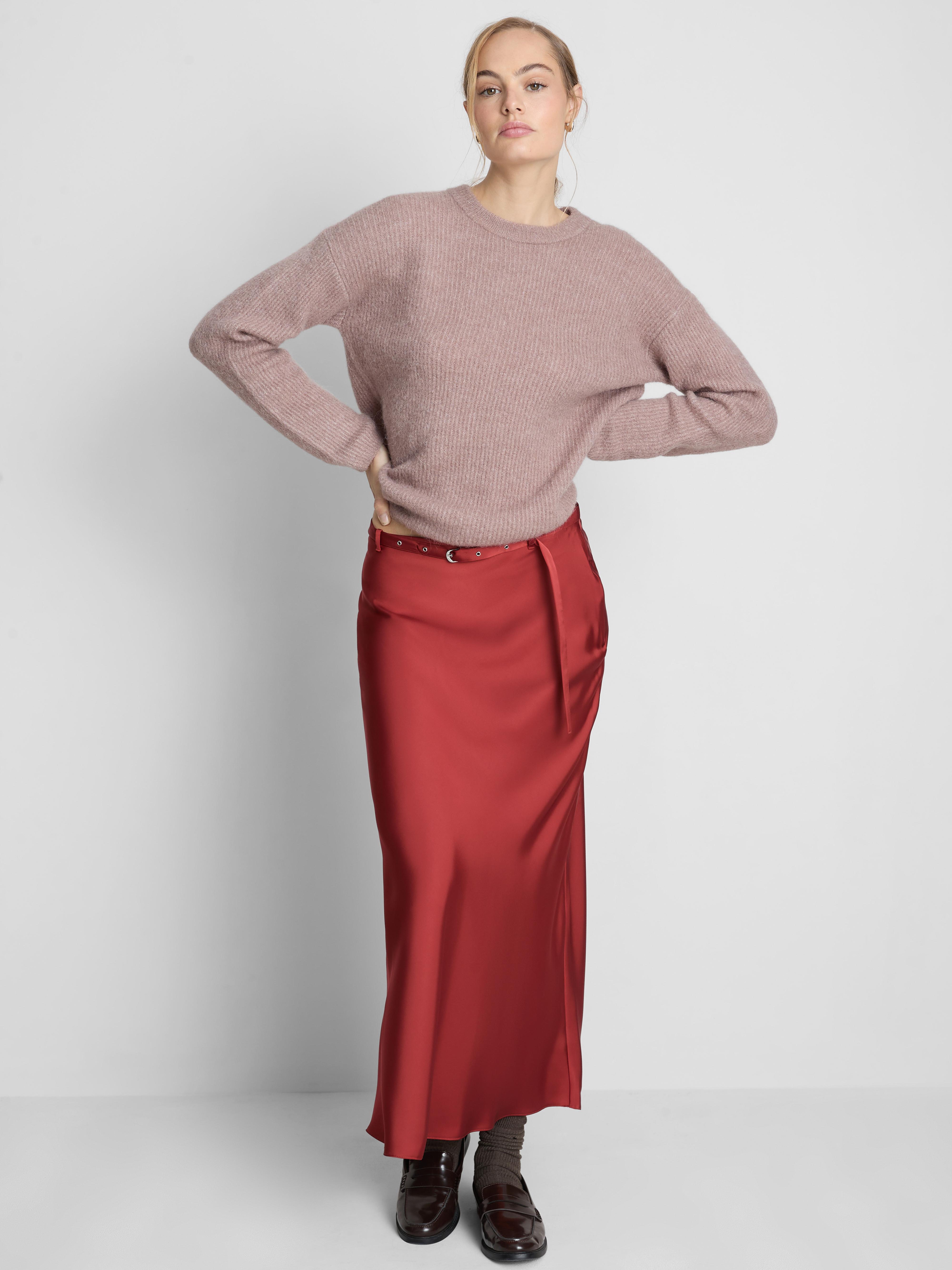 The Edit Belted Satin Midi Skirt