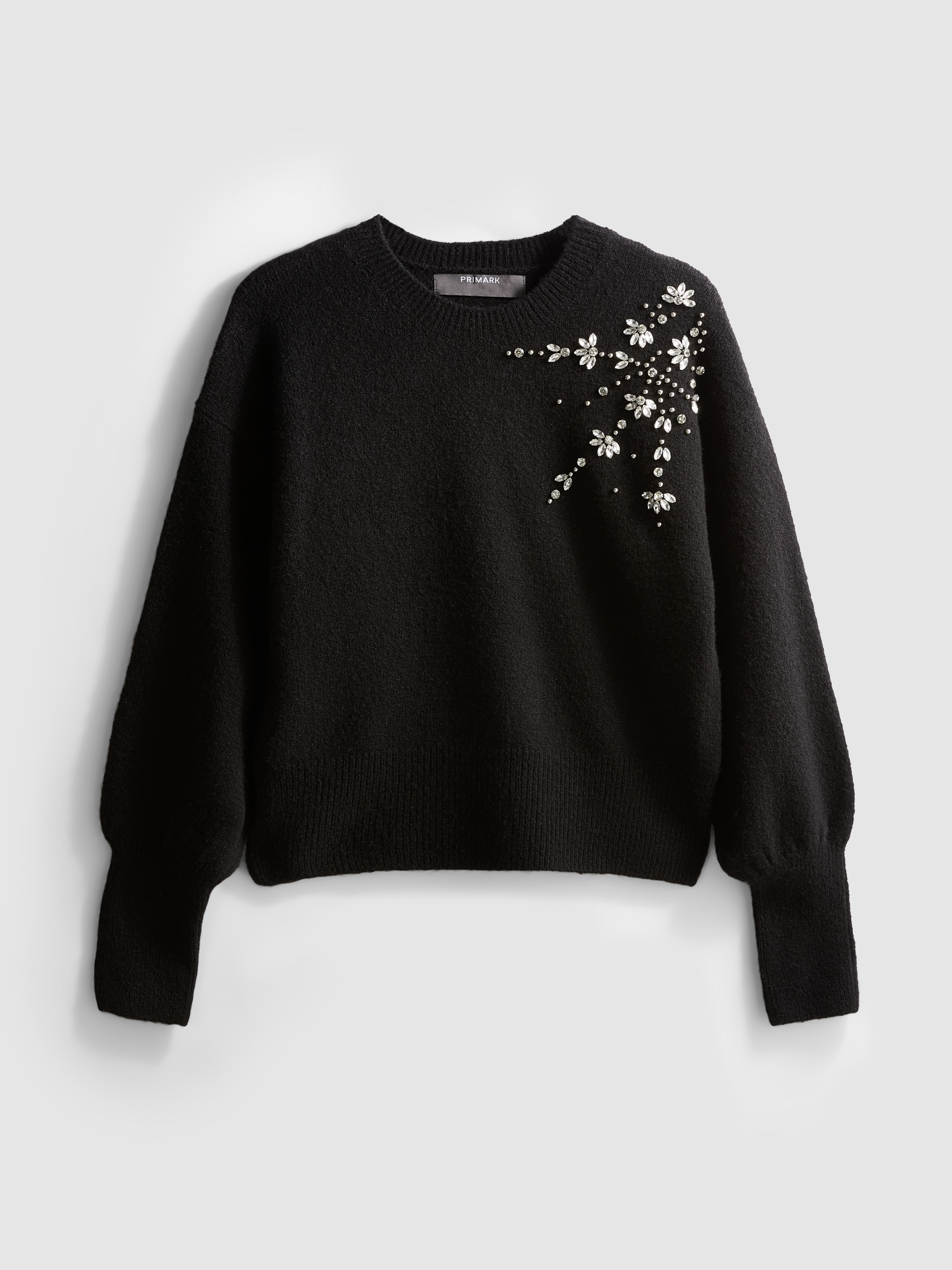 Embroidered Rhinestone Crew Neck Sweater