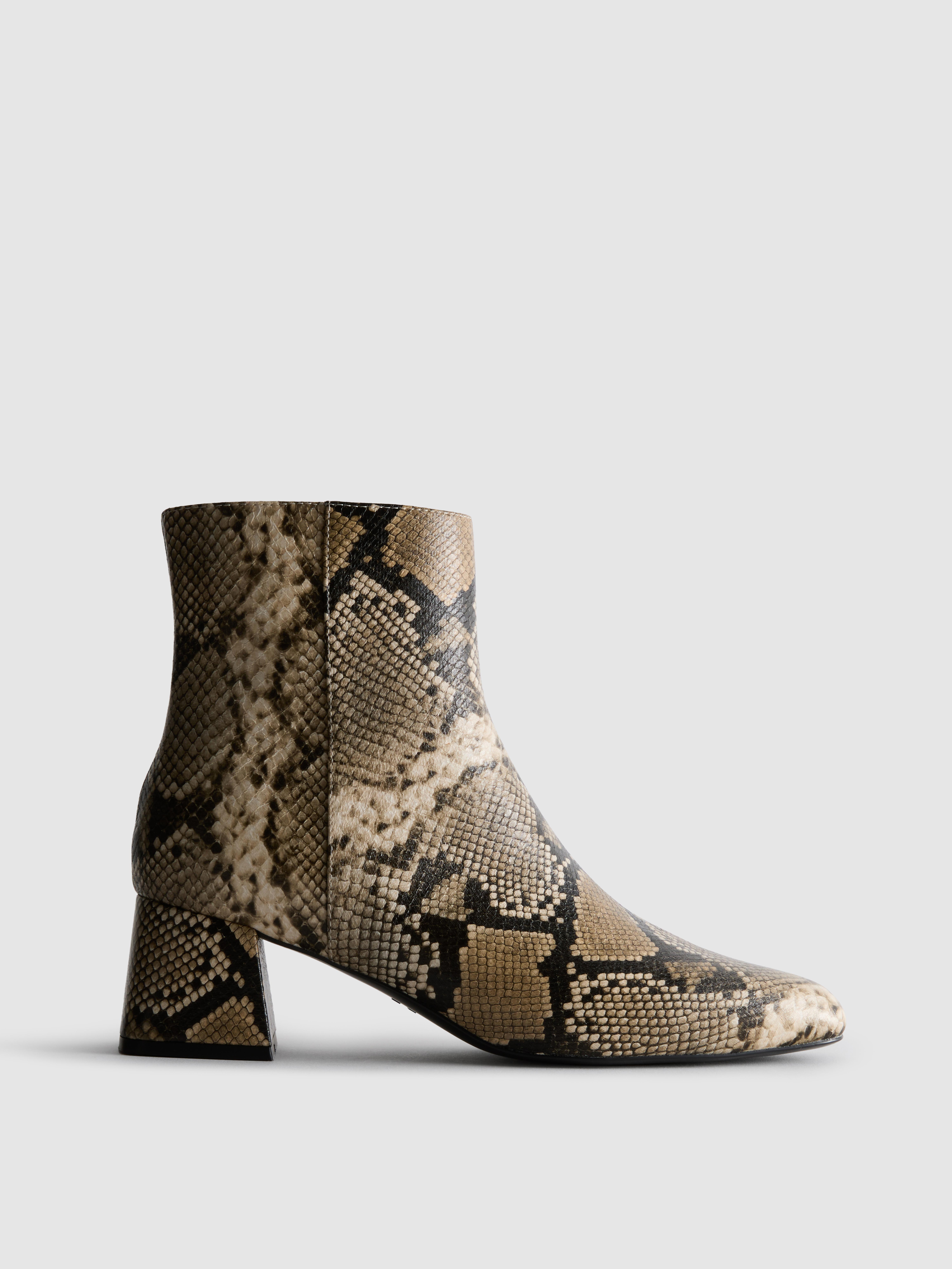 Faux Leather Snake Block Heel Ankle Boots