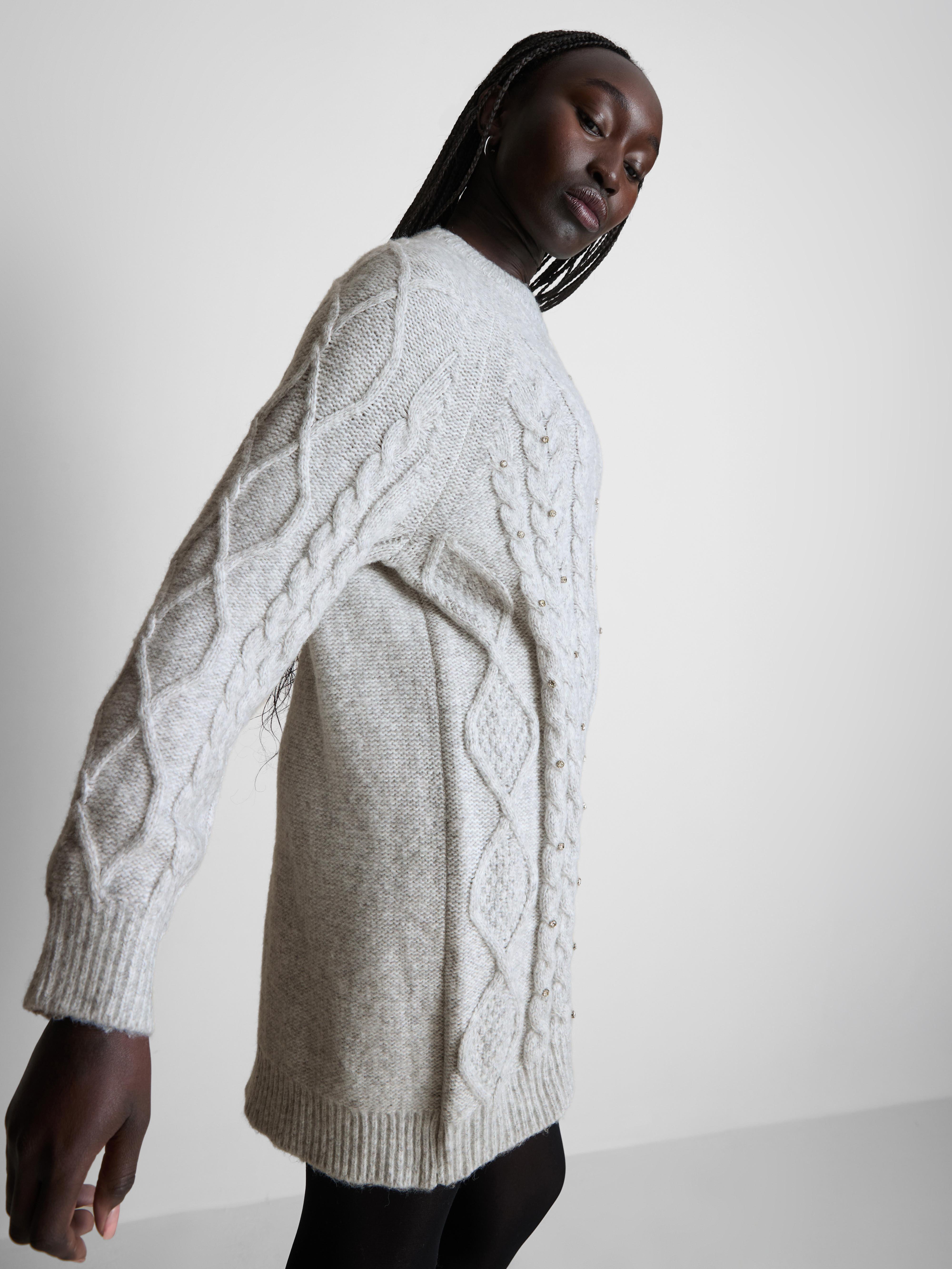 Embroidered Cable Knit Sweater Dress