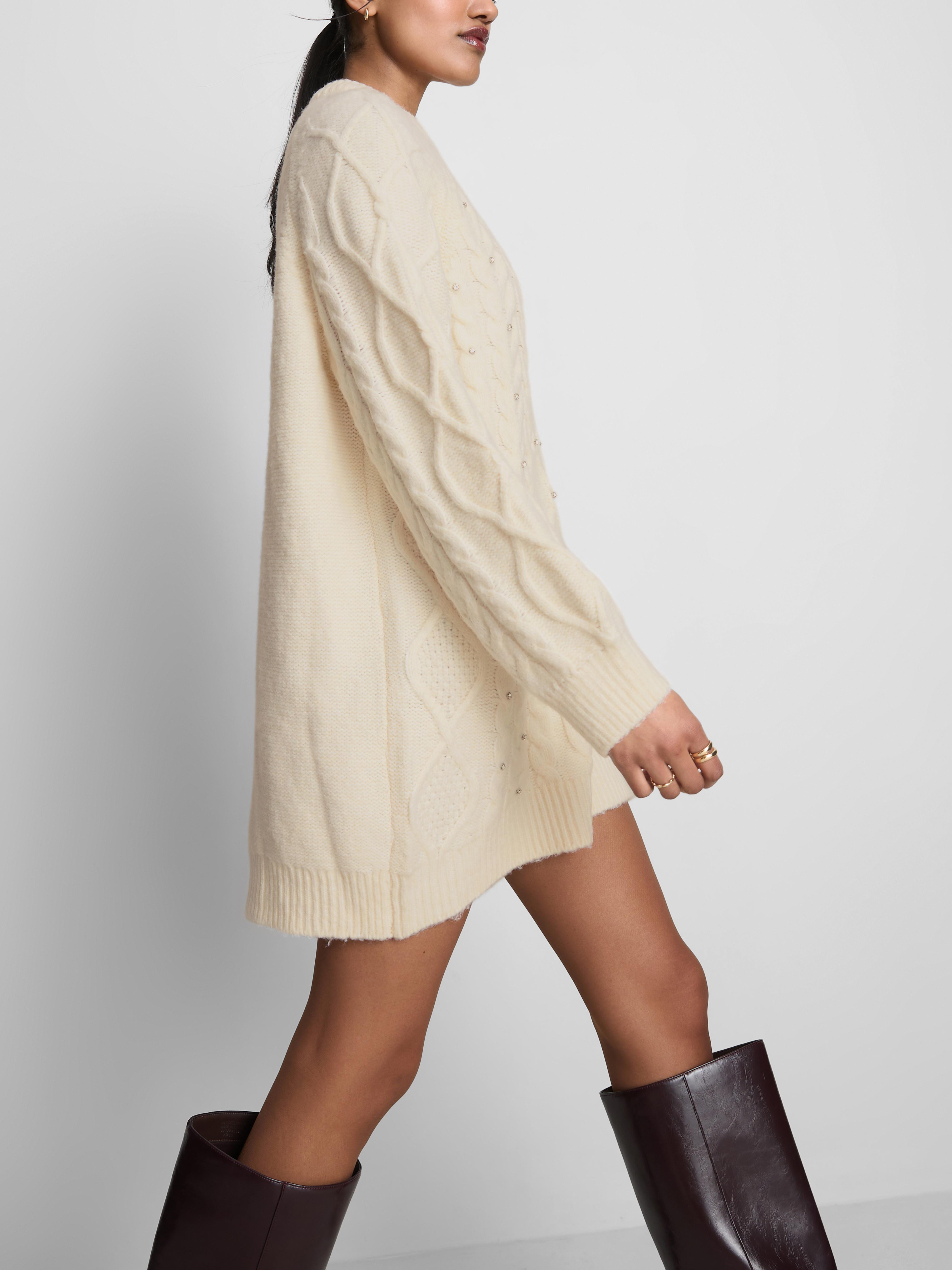 Embroidered Cable Knit Sweater Dress