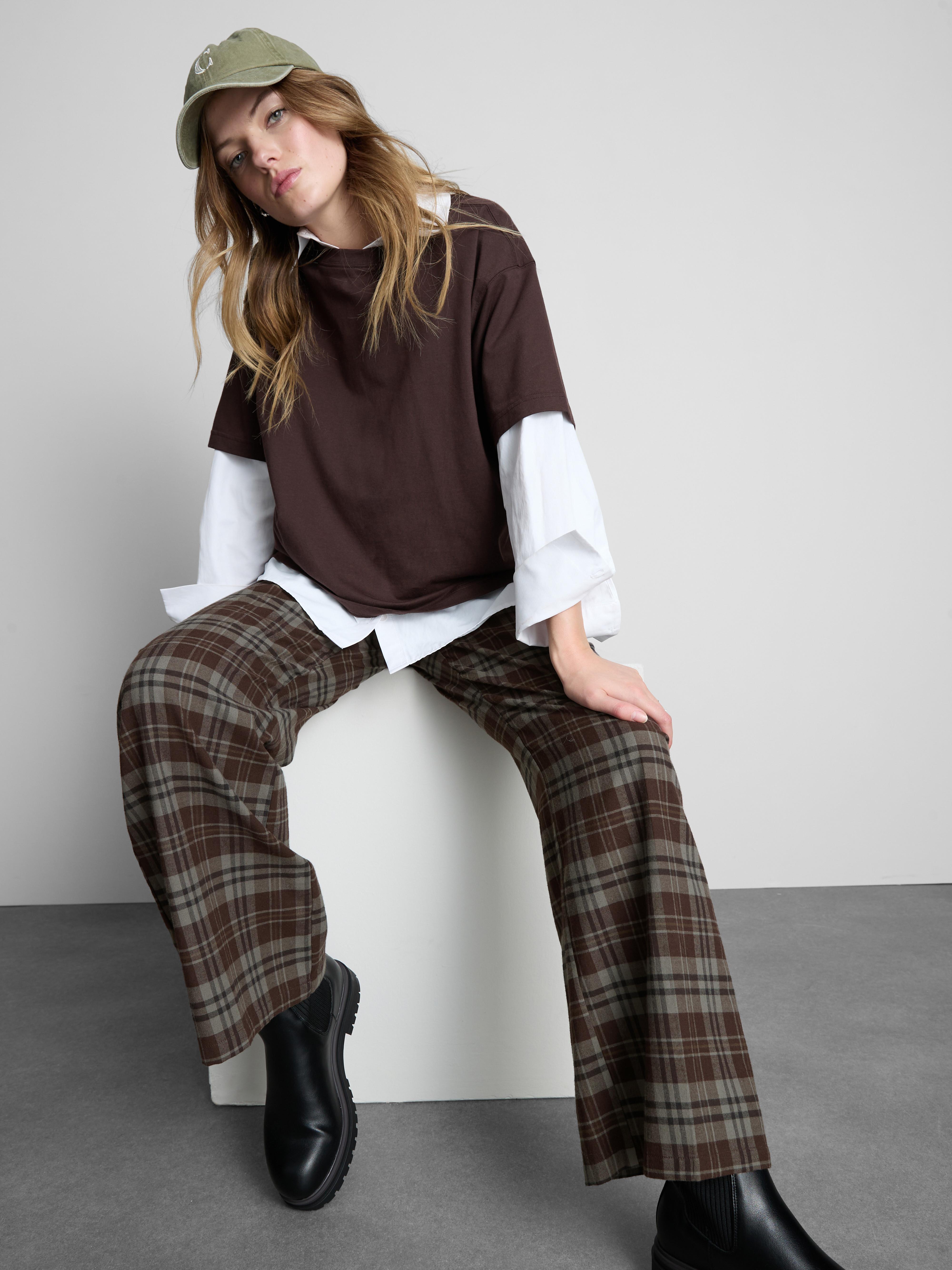 Cotton Check Straight Leg Pants