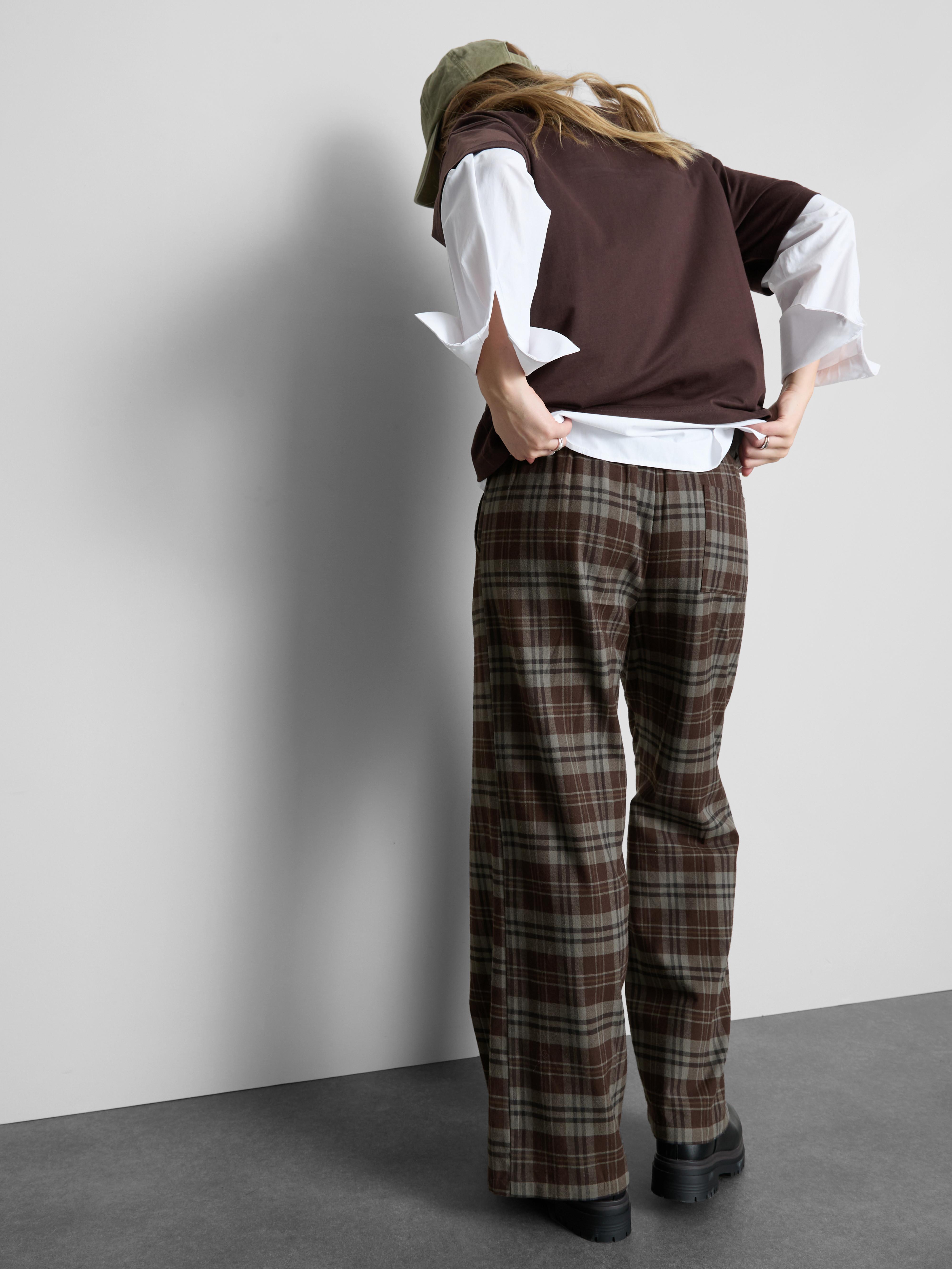 Cotton Check Straight Leg Pants