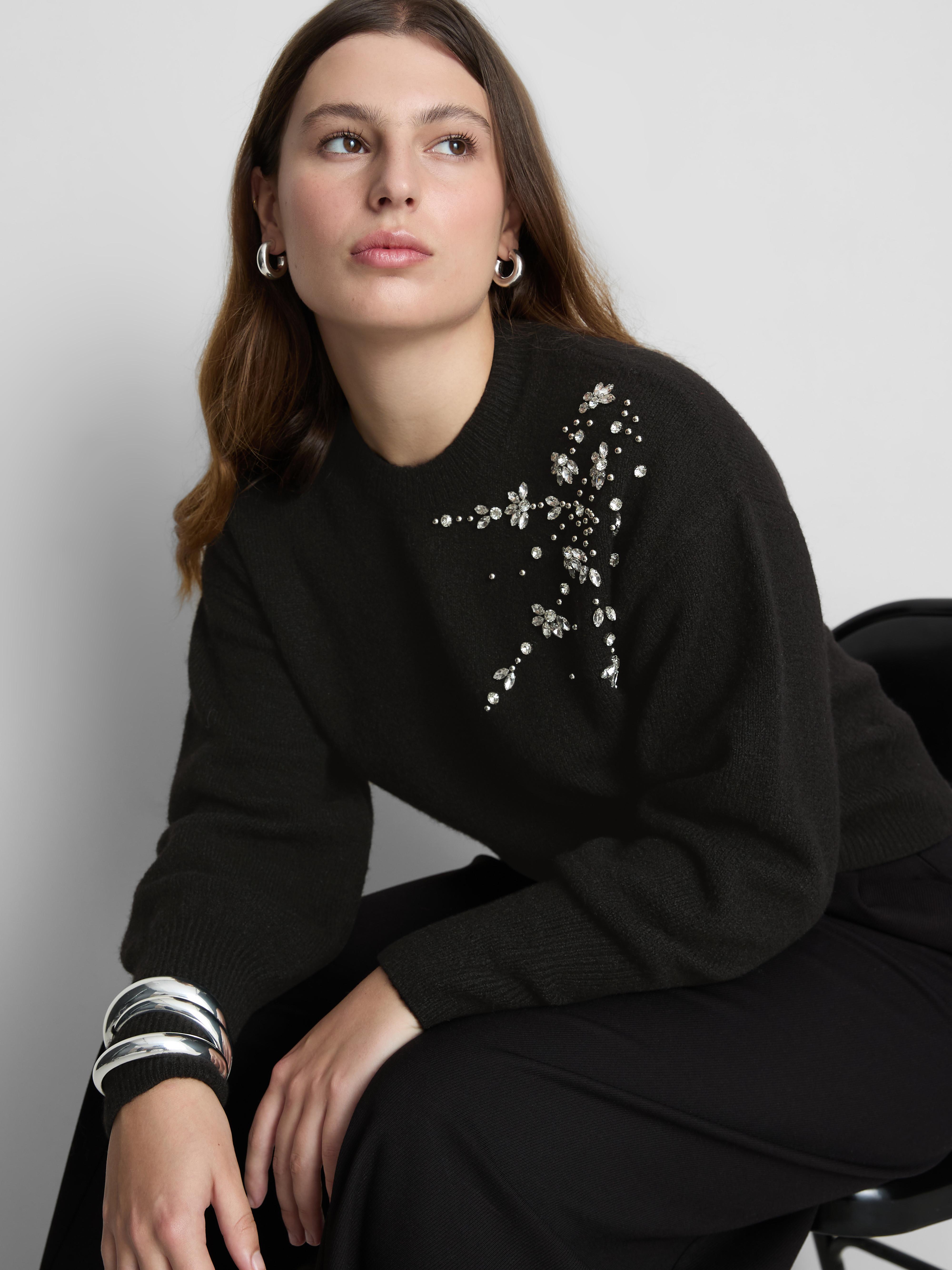 Embroidered Rhinestone Crew Neck Sweater