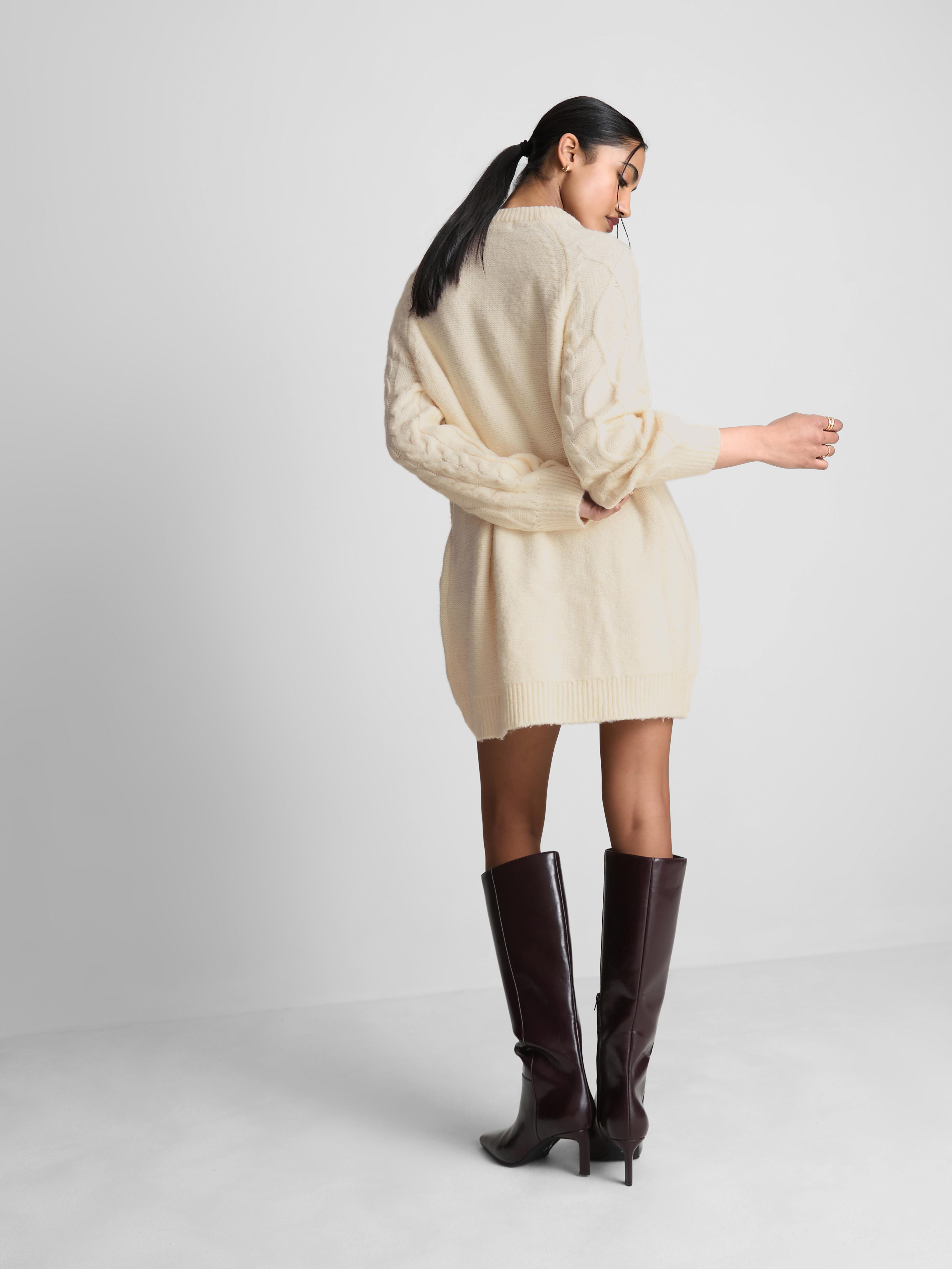 Embroidered Cable Knit Sweater Dress