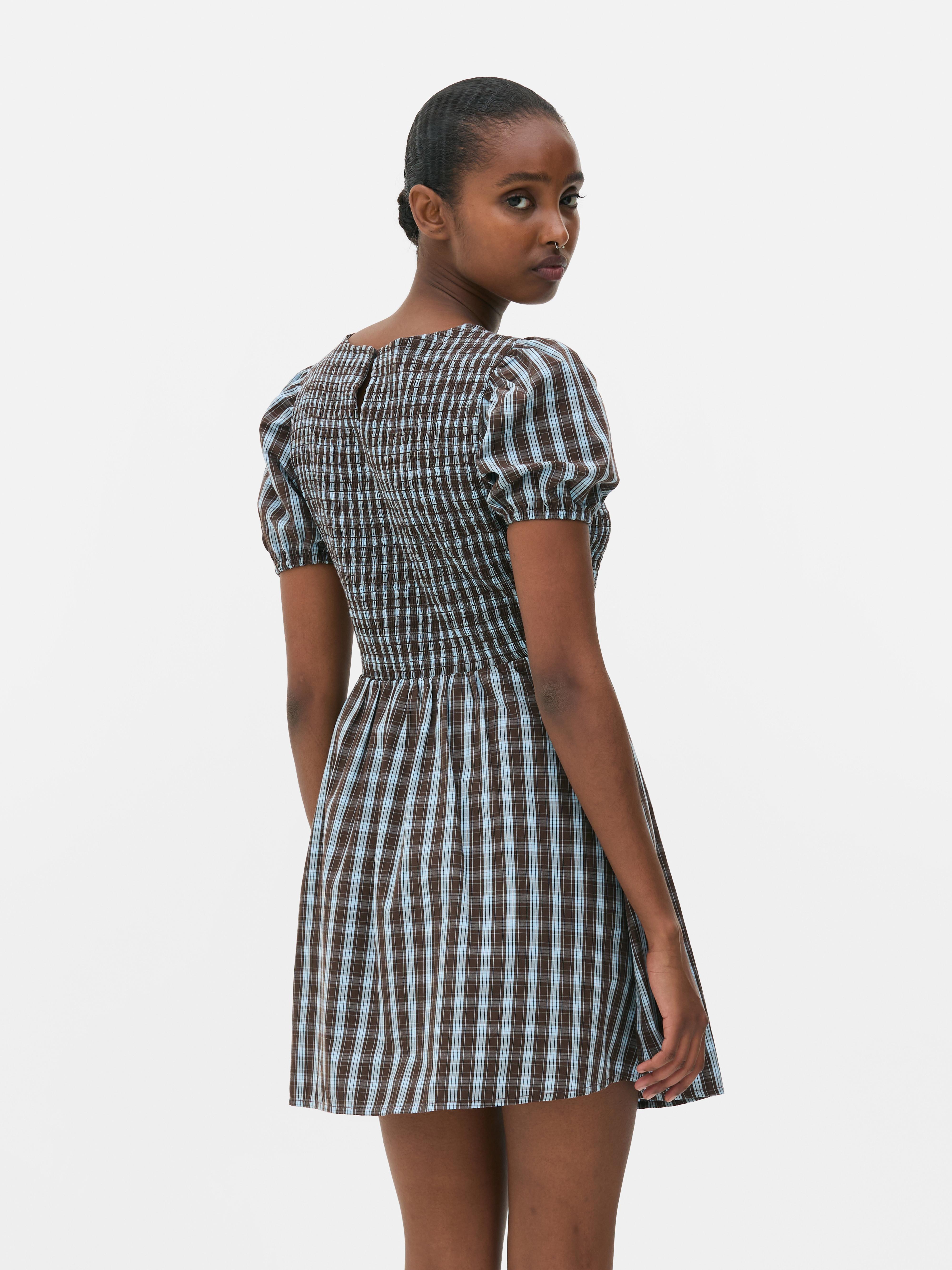 Puff Sleeve Check Mini Dress