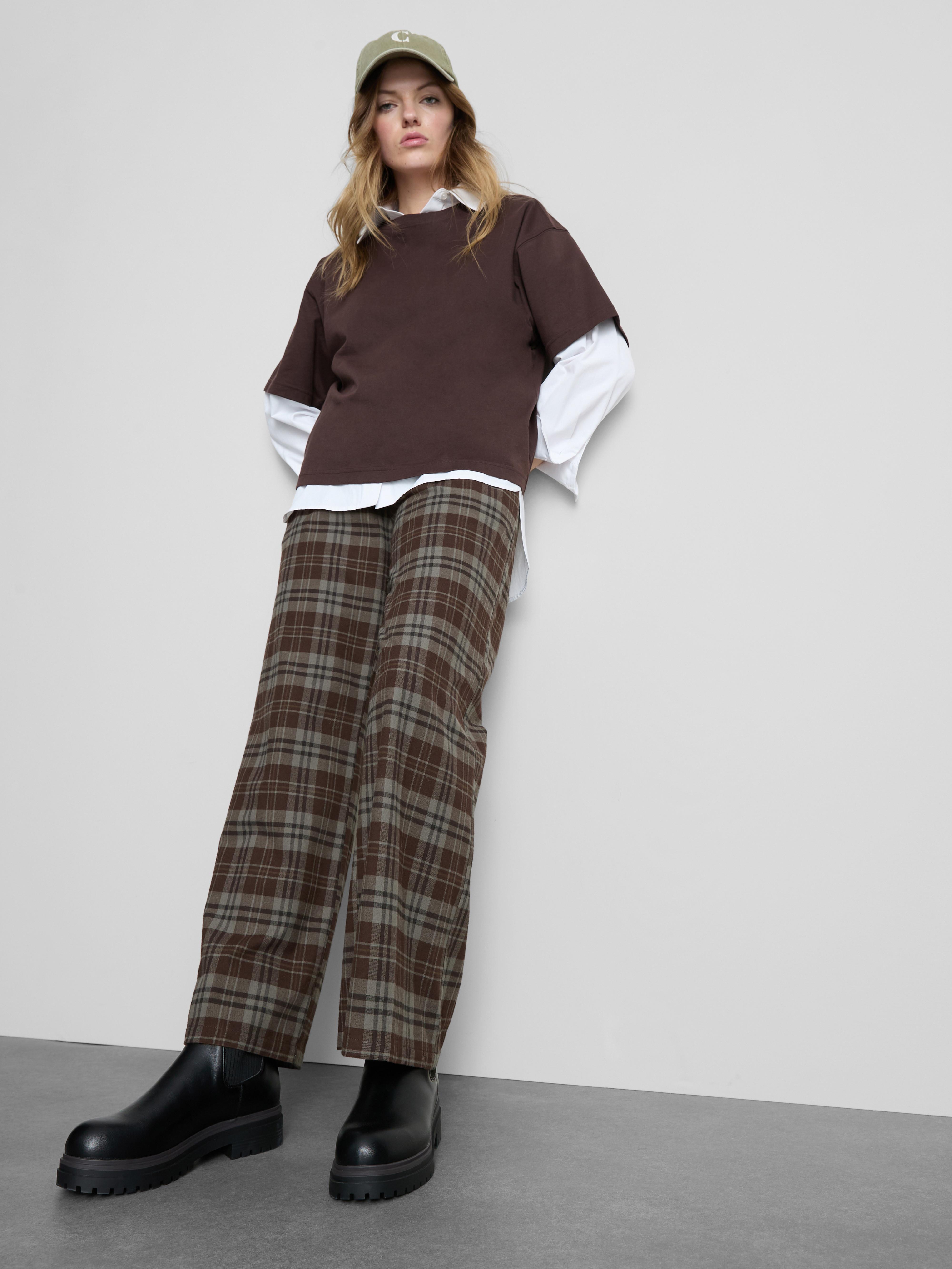 Cotton Check Straight Leg Pants