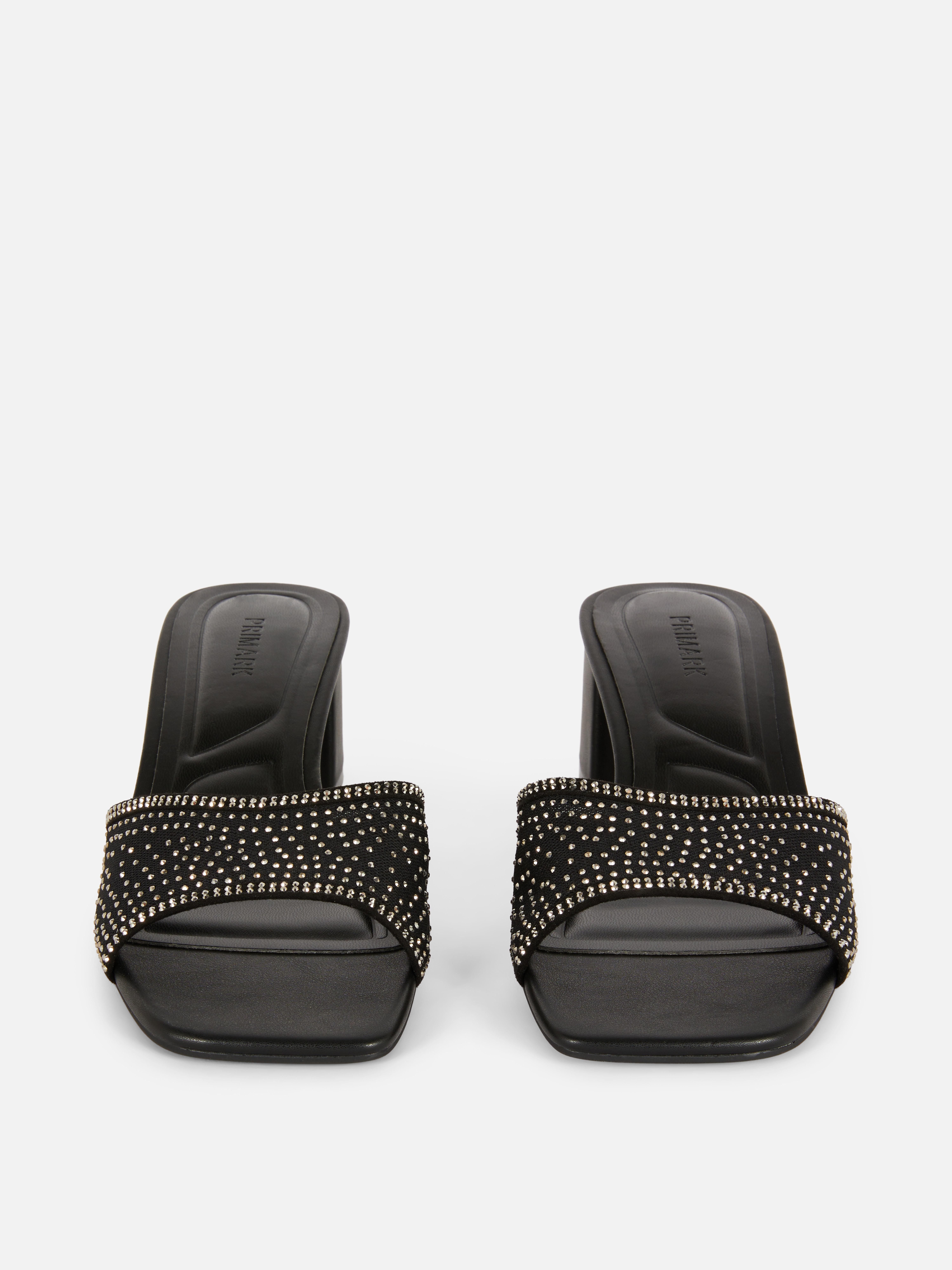 Rhinestone Block Heel Mules