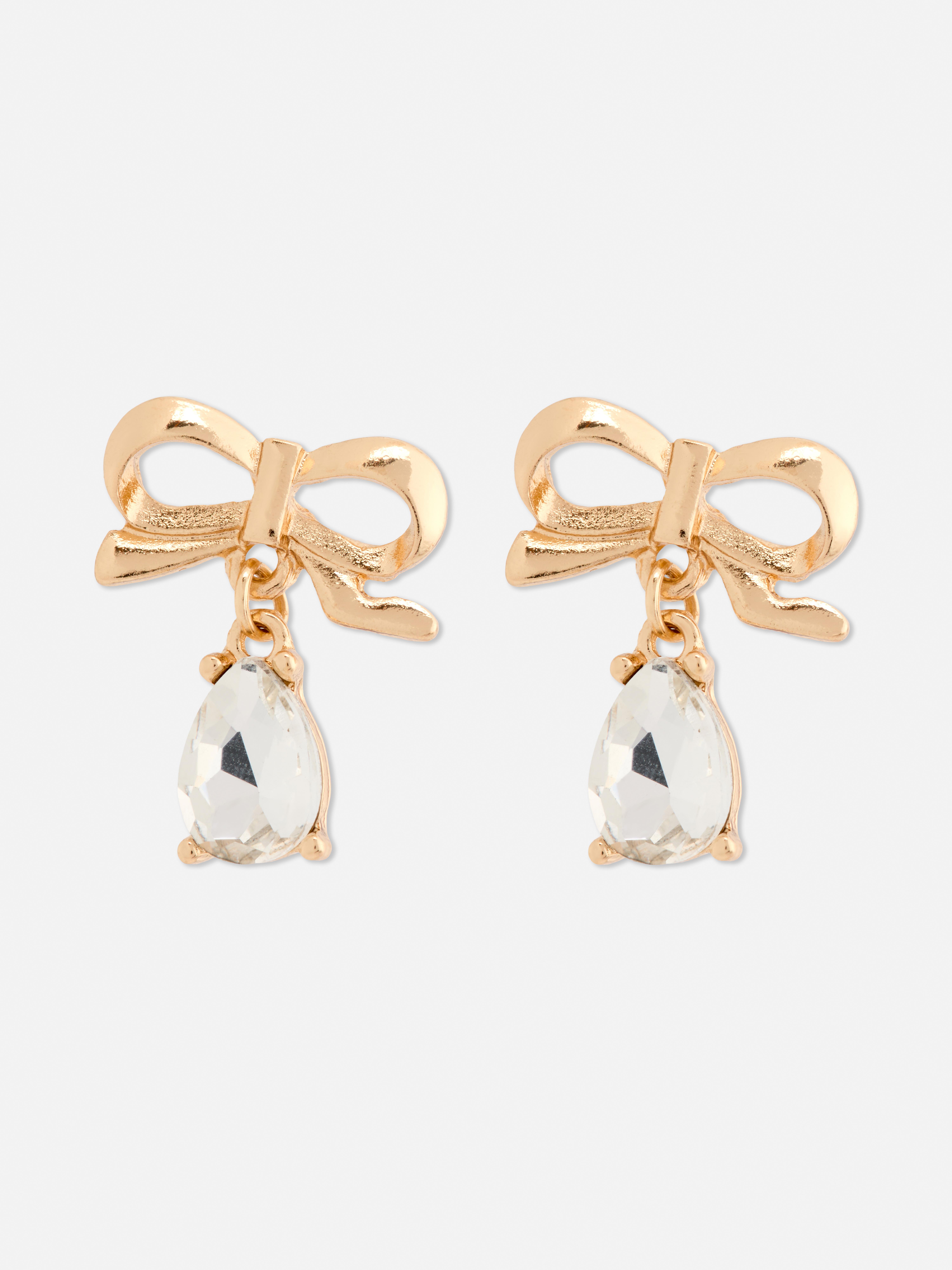 Bow Jewel Drop Stud Earrings