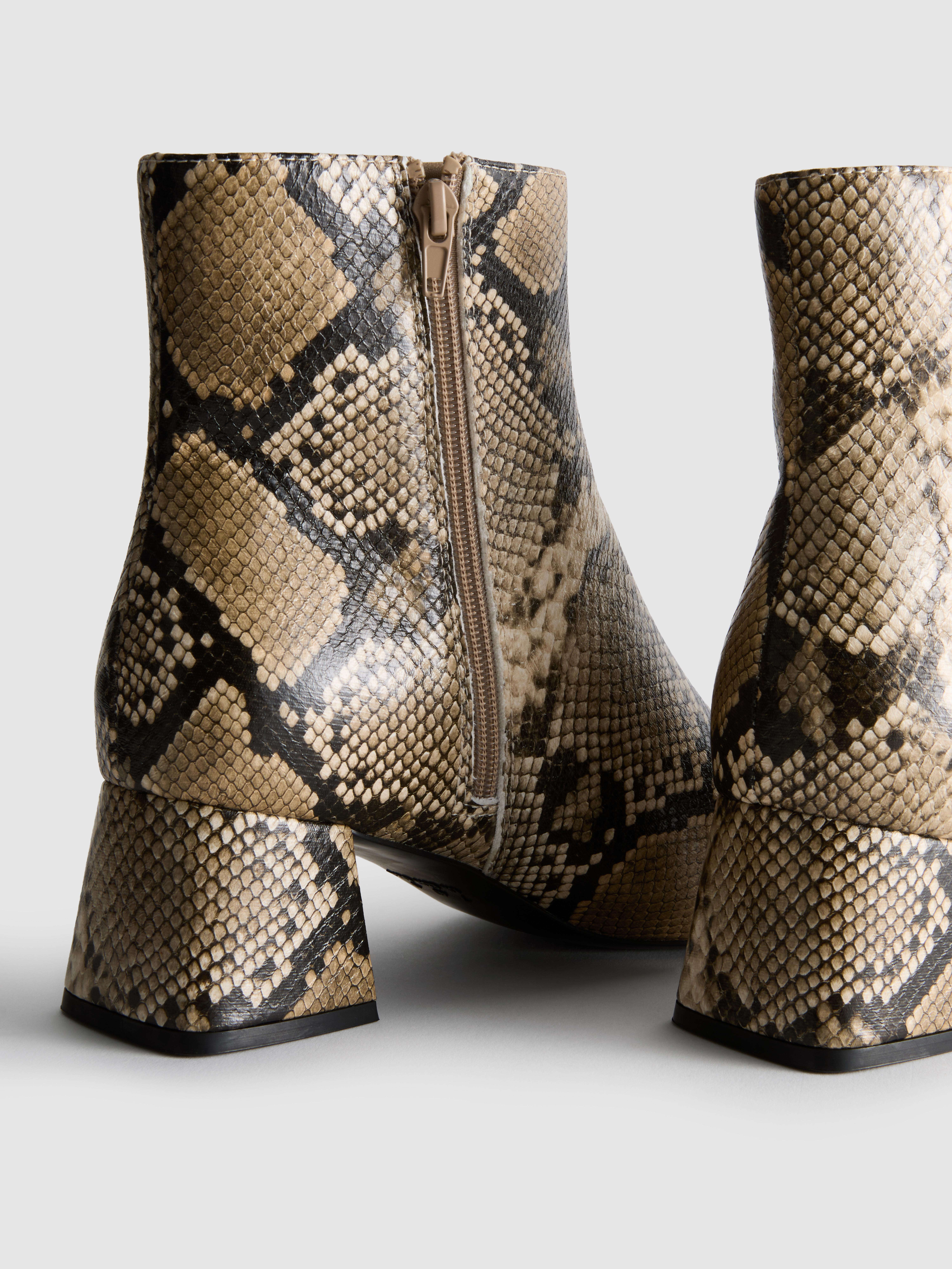 Faux Leather Snake Block Heel Ankle Boots