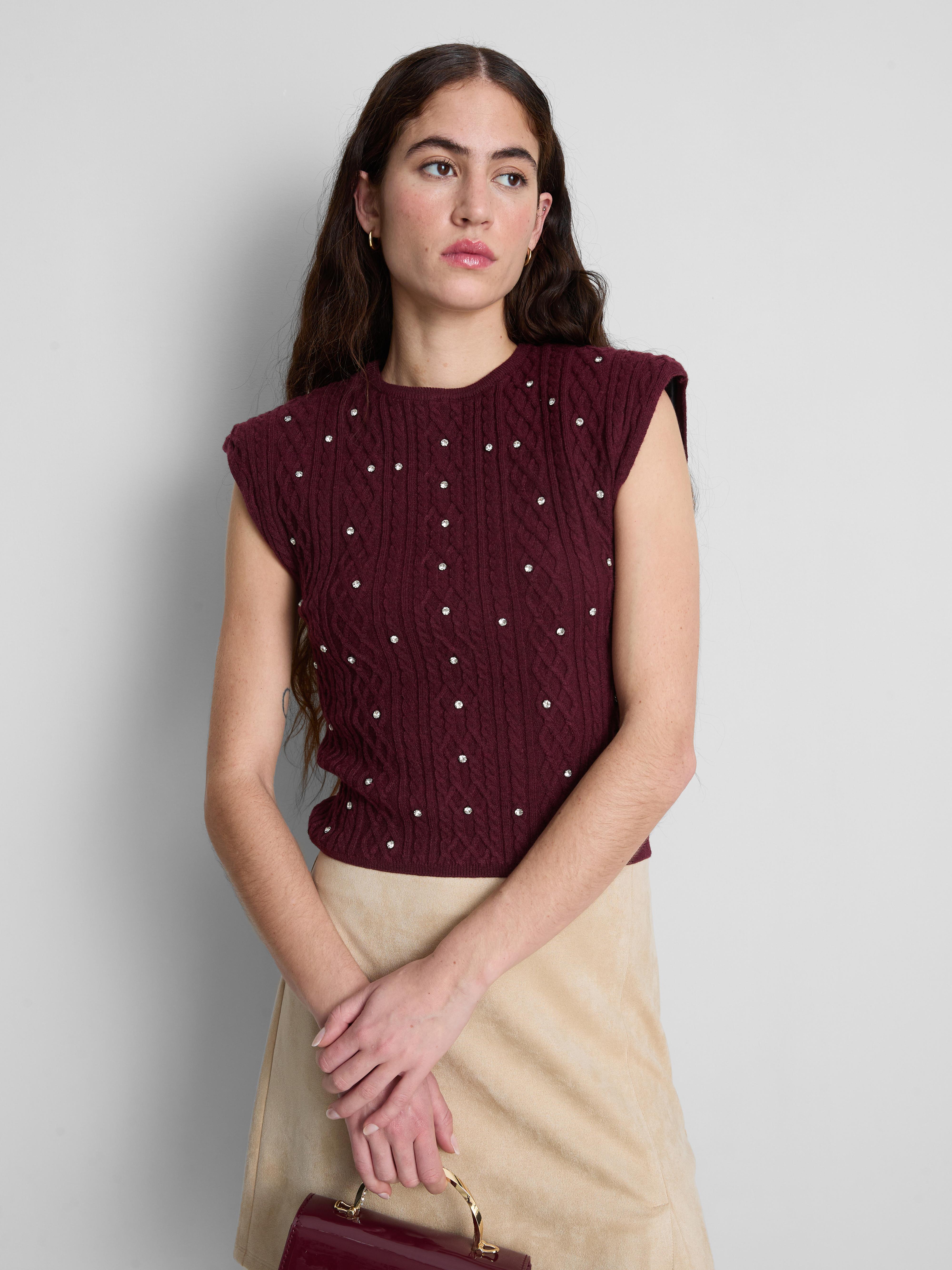 Rhinestone Embellished Cable Knit Vest