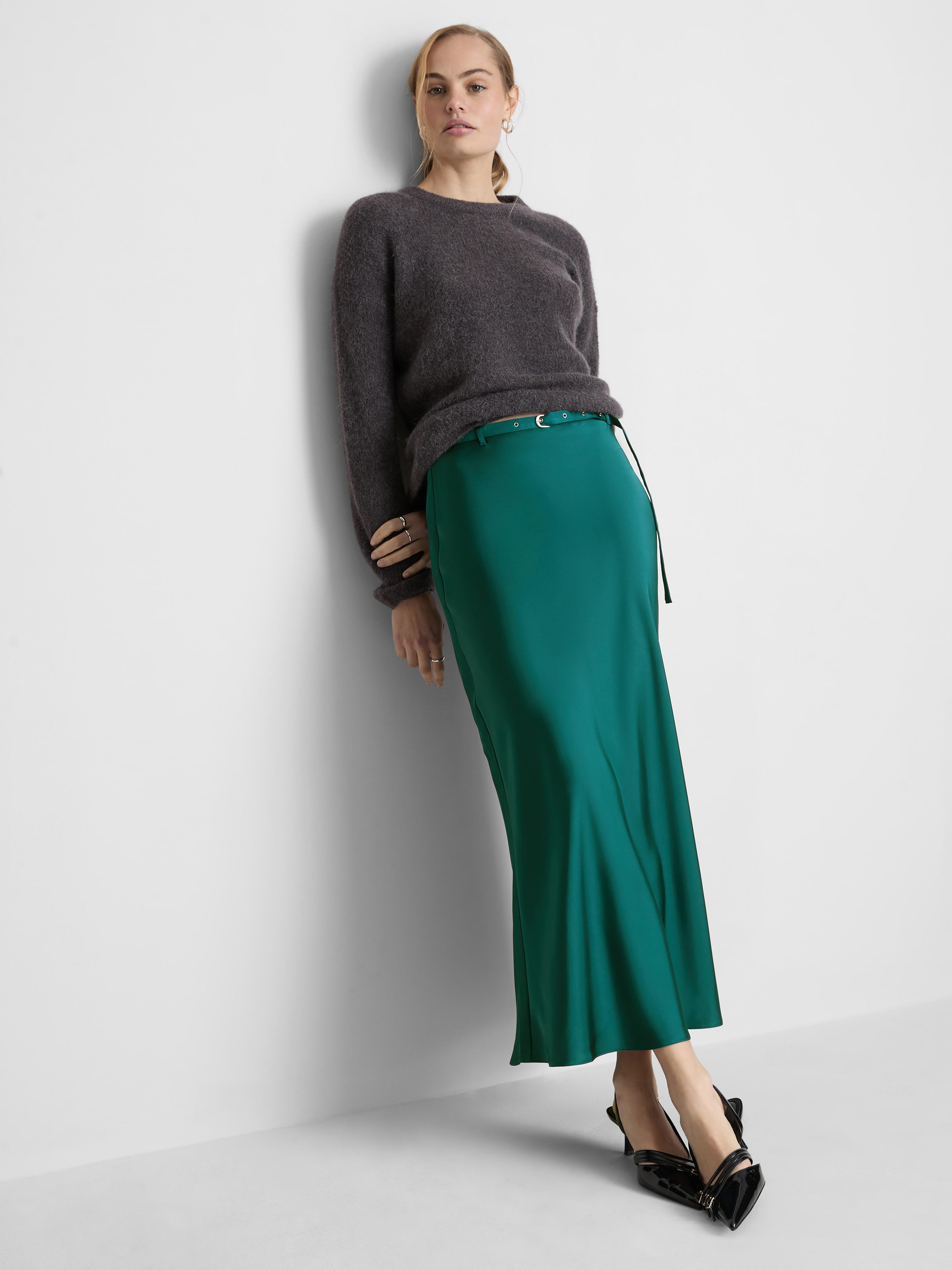 The Edit Belted Satin Midi Skirt