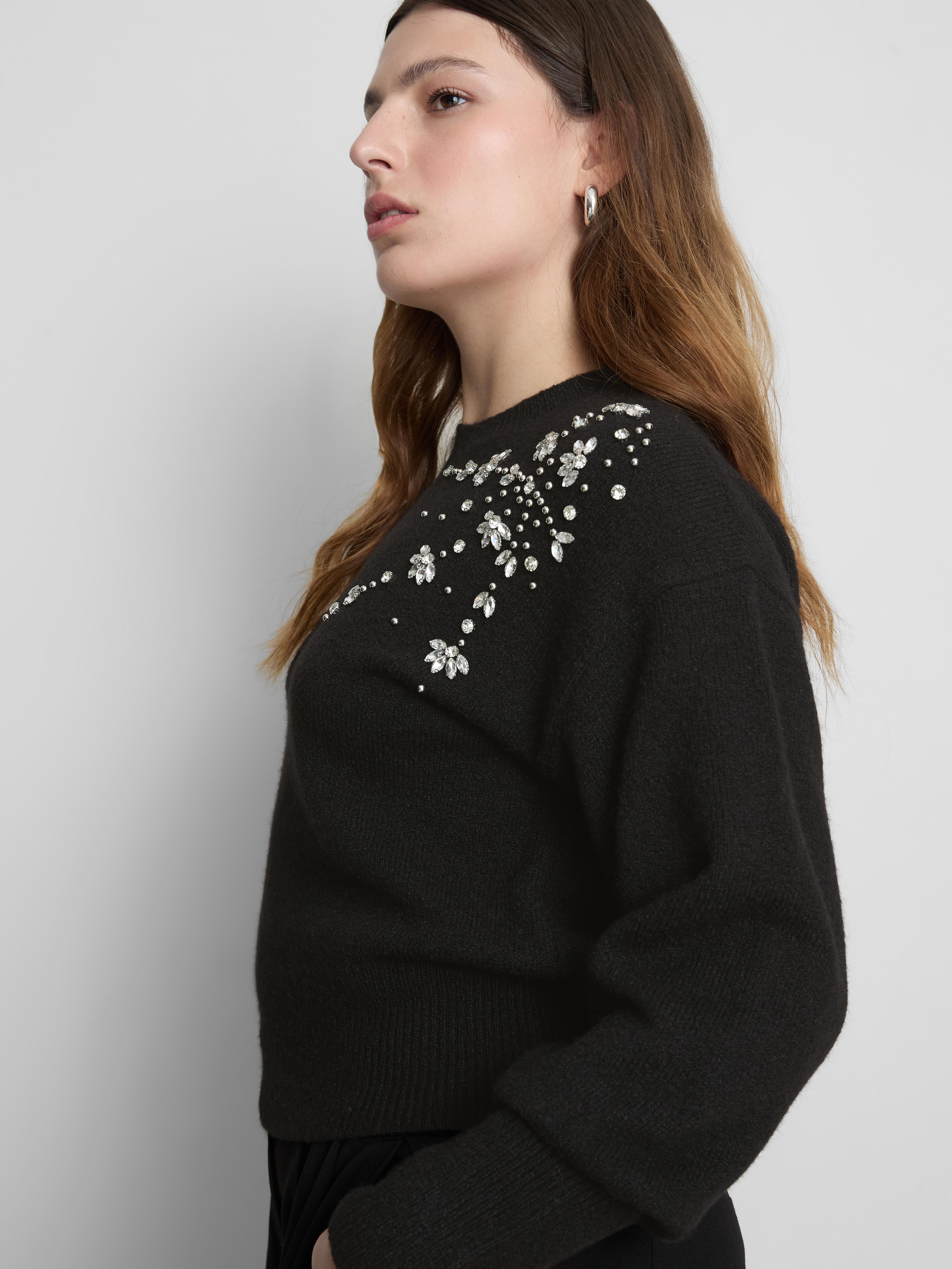 Embroidered Rhinestone Crew Neck Sweater