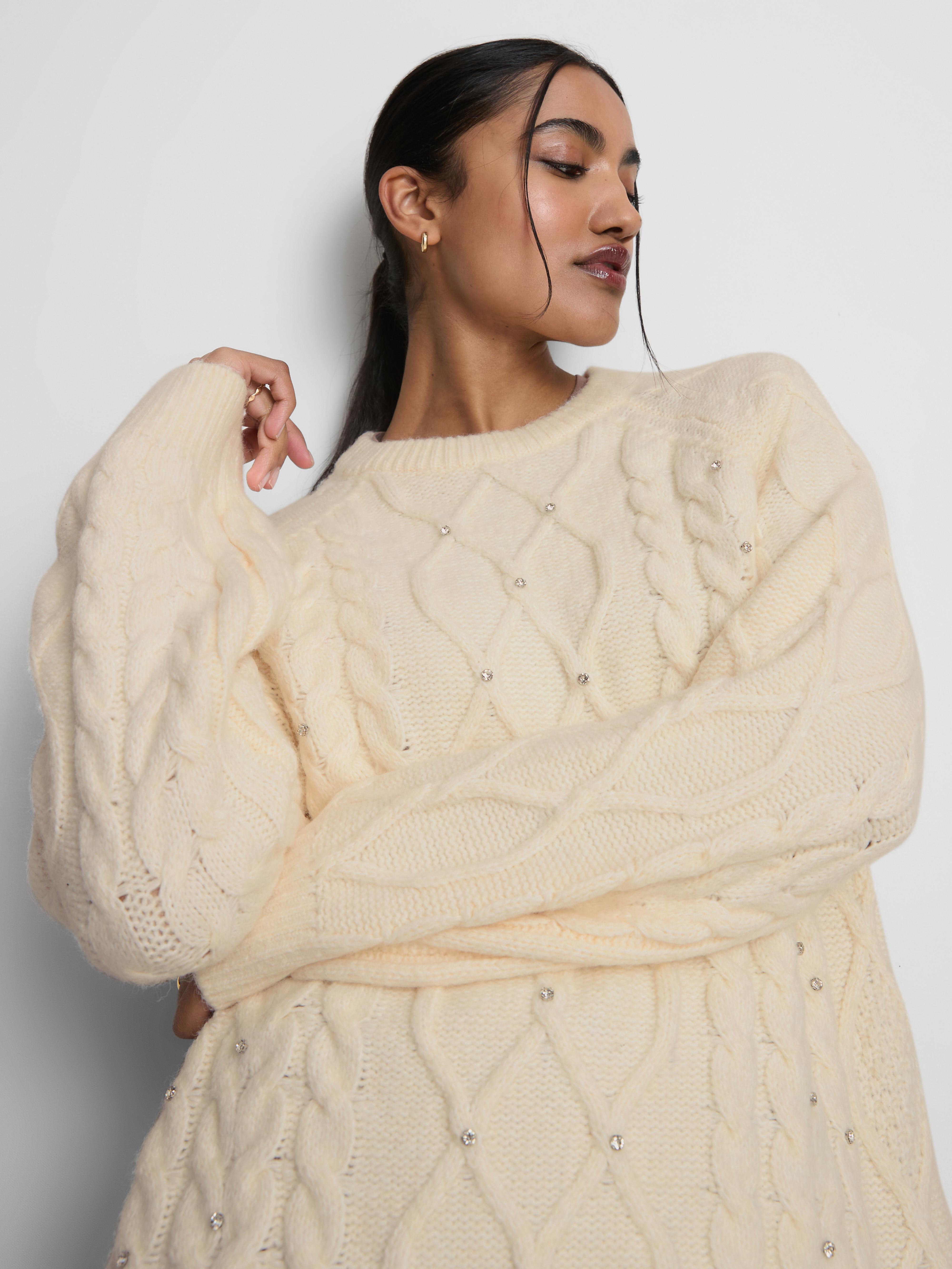 Embroidered Cable Knit Sweater Dress