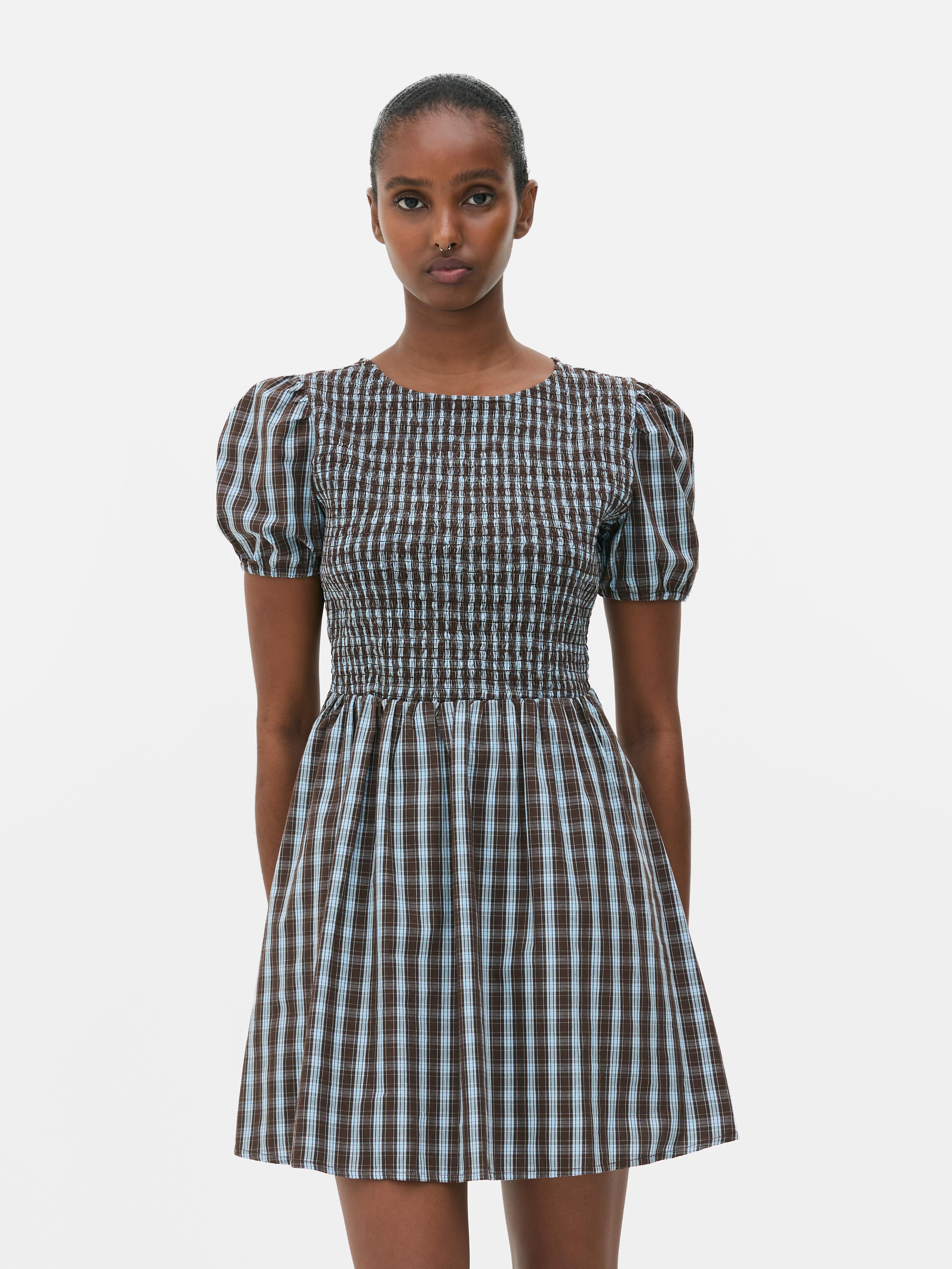 Puff Sleeve Check Mini Dress