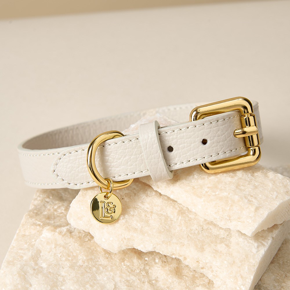 Lily & Leo Leather Flat Dog Collar Cream