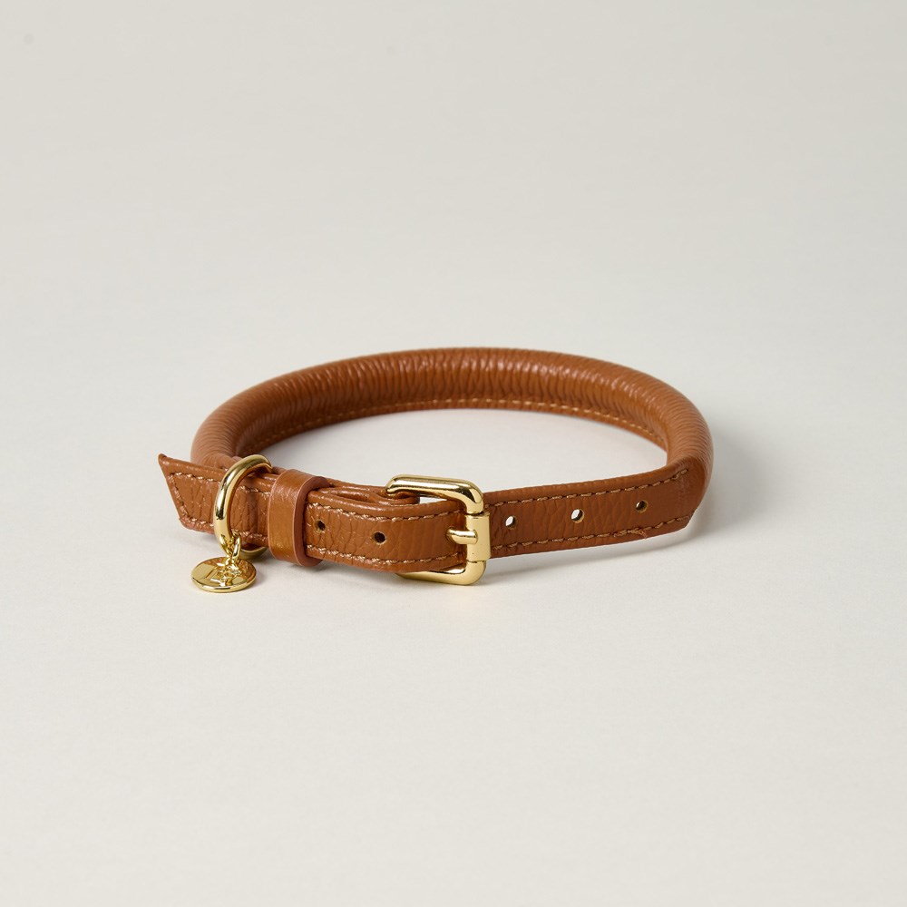 Lily & Leo Leather Rolled Dog Collar Tan