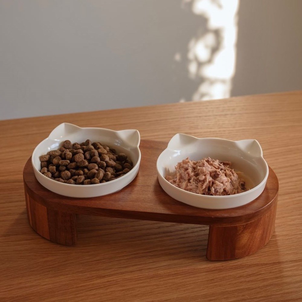Great & Small Penrose Raised Wooden Stand & Double Cat Bowls