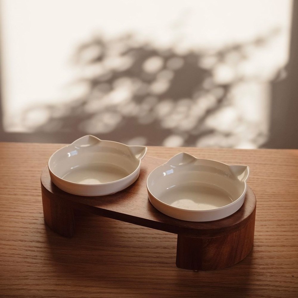 Great & Small Penrose Raised Wooden Stand & Double Cat Bowls