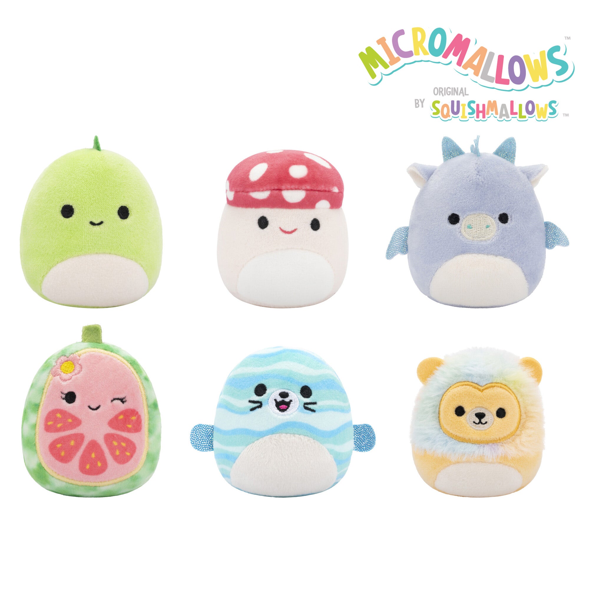 Micromallows 6-Pack – Danny Dinosaur Dane Dragon. Malcolm Mushroom. Lena Guava Fruit. Leonard Lion. Noah Seal
