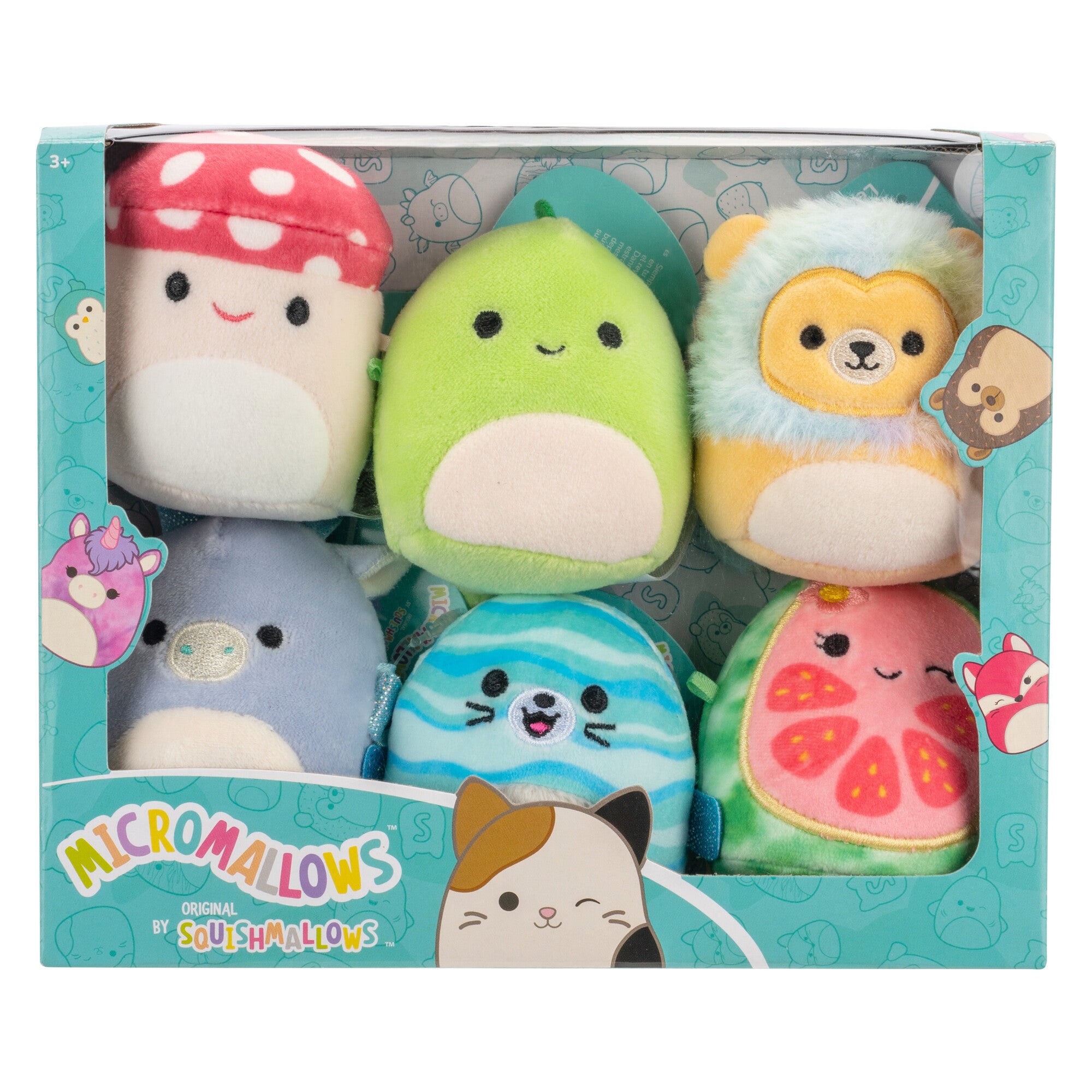 Micromallows 6-Pack – Danny Dinosaur Dane Dragon. Malcolm Mushroom. Lena Guava Fruit. Leonard Lion. Noah Seal