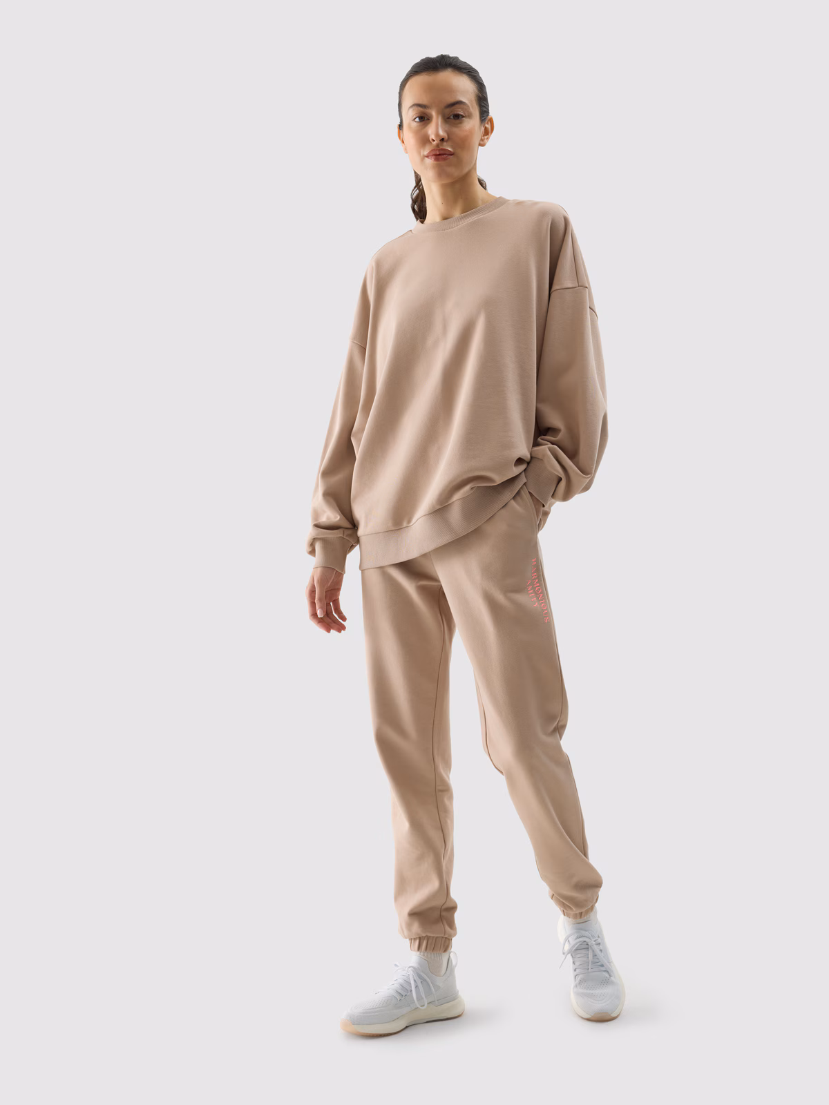 Bluza dresowa oversize nierozpinana bez kaptura damska - beżowa