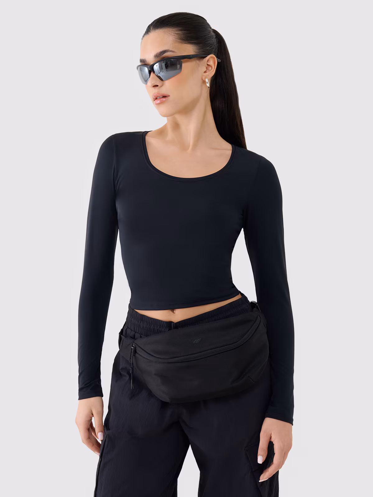 Longsleeve slim gładki damski - czarny