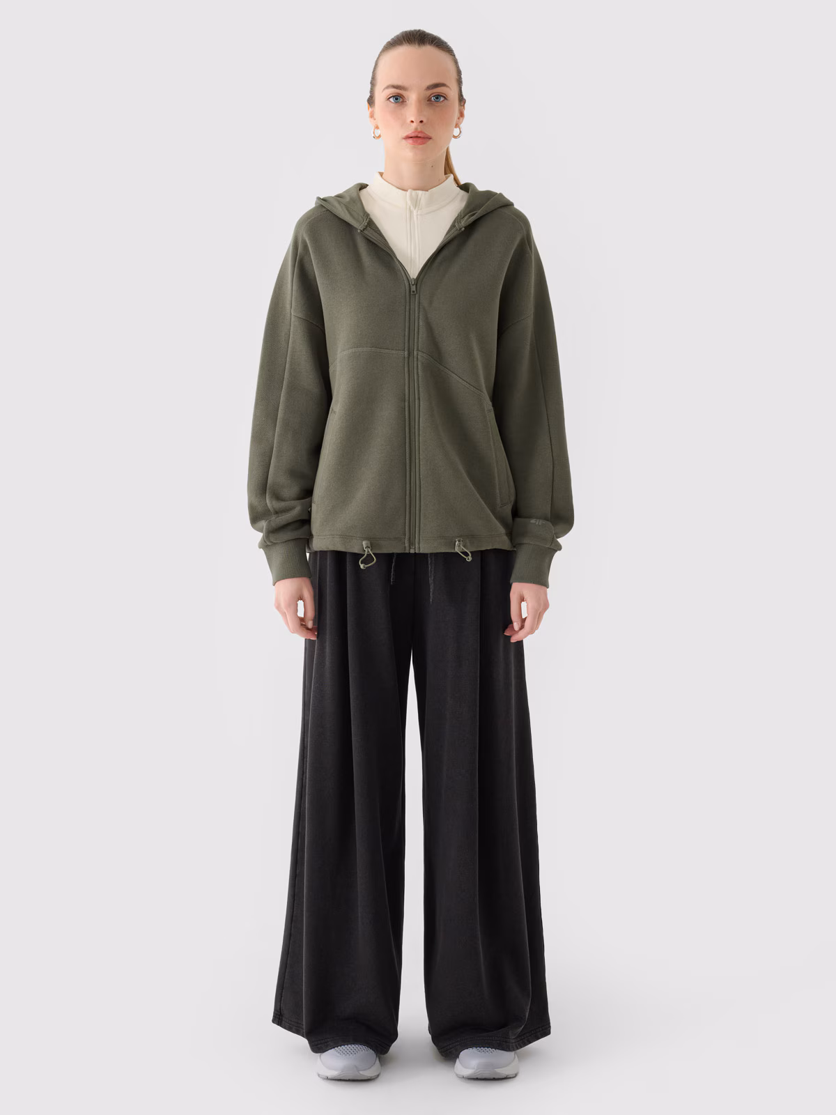 Bluza dresowa rozpinana z kapturem damska - oliwkowa/khaki