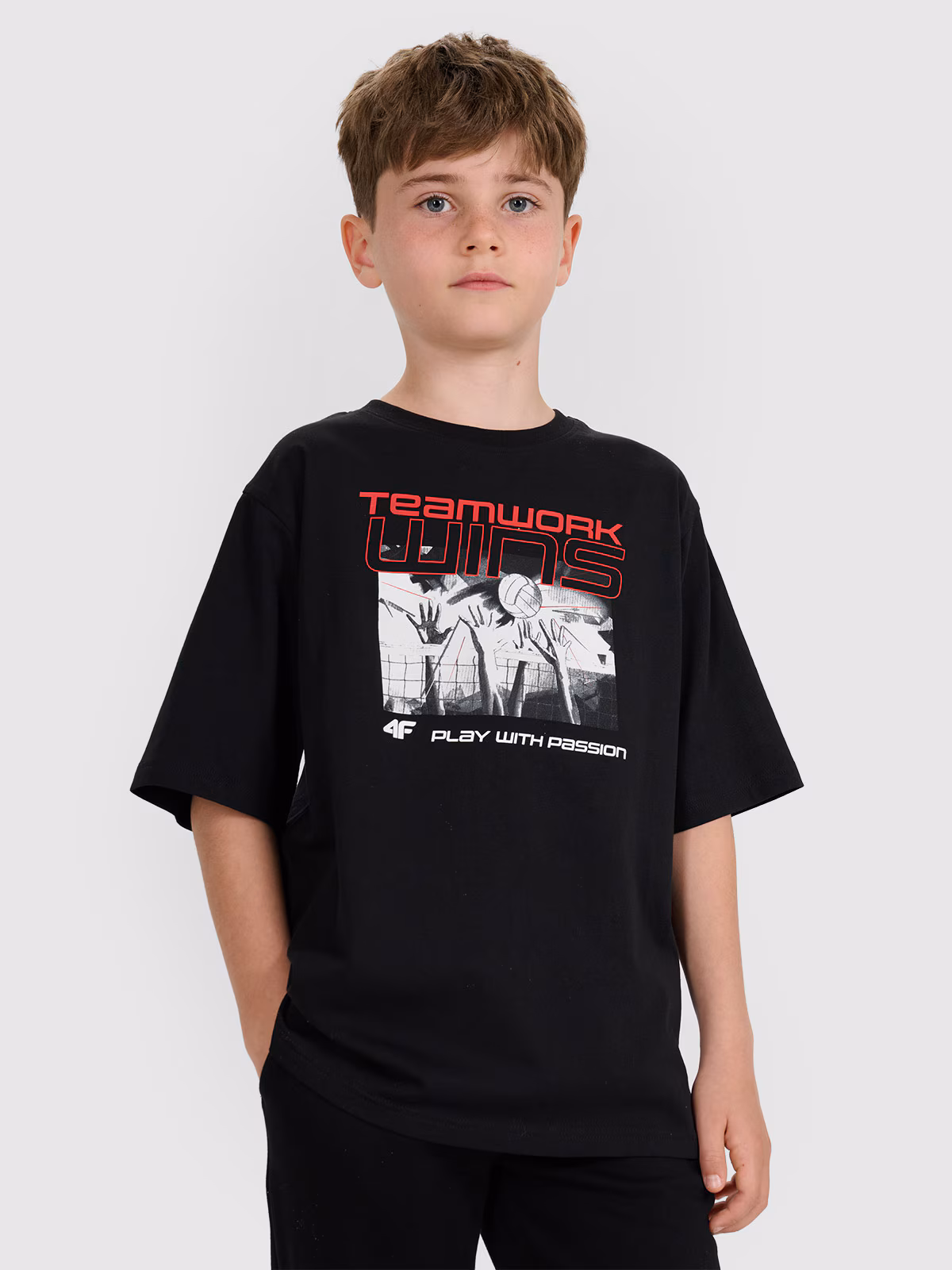 T-shirt oversize z nadrukiem dziecięcy - czarny