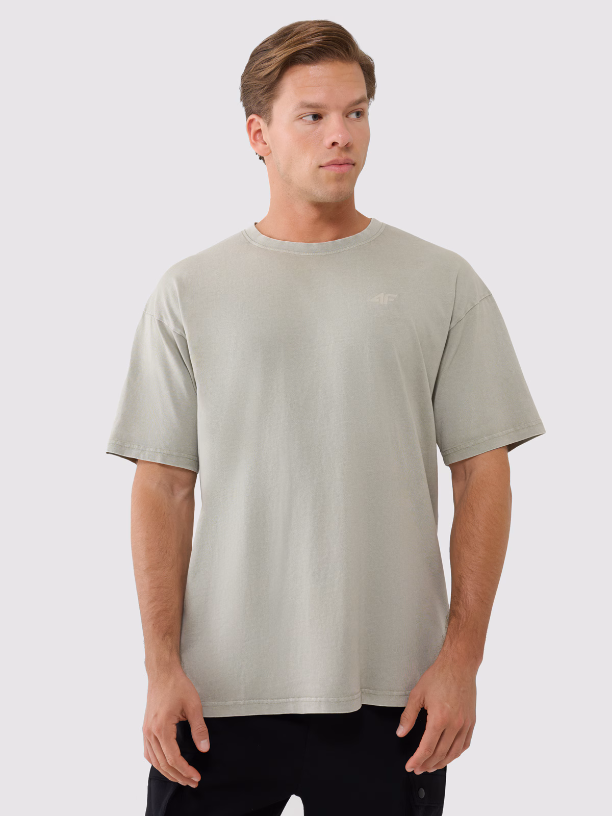 T-shirt oversize gładki męski - oliwkowy/khaki