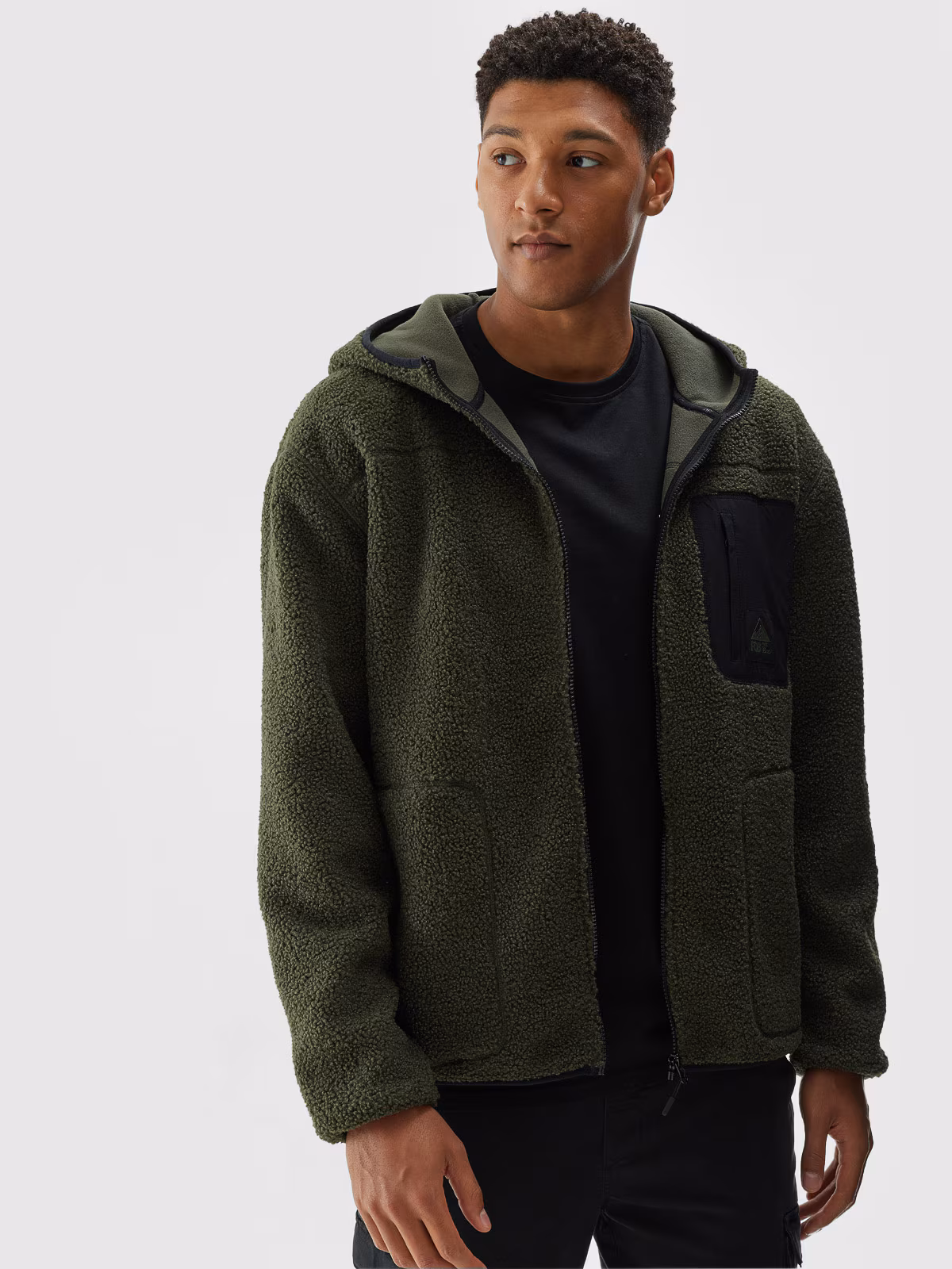 Polar sherpa z kapturem regular męski - oliwkowy/khaki