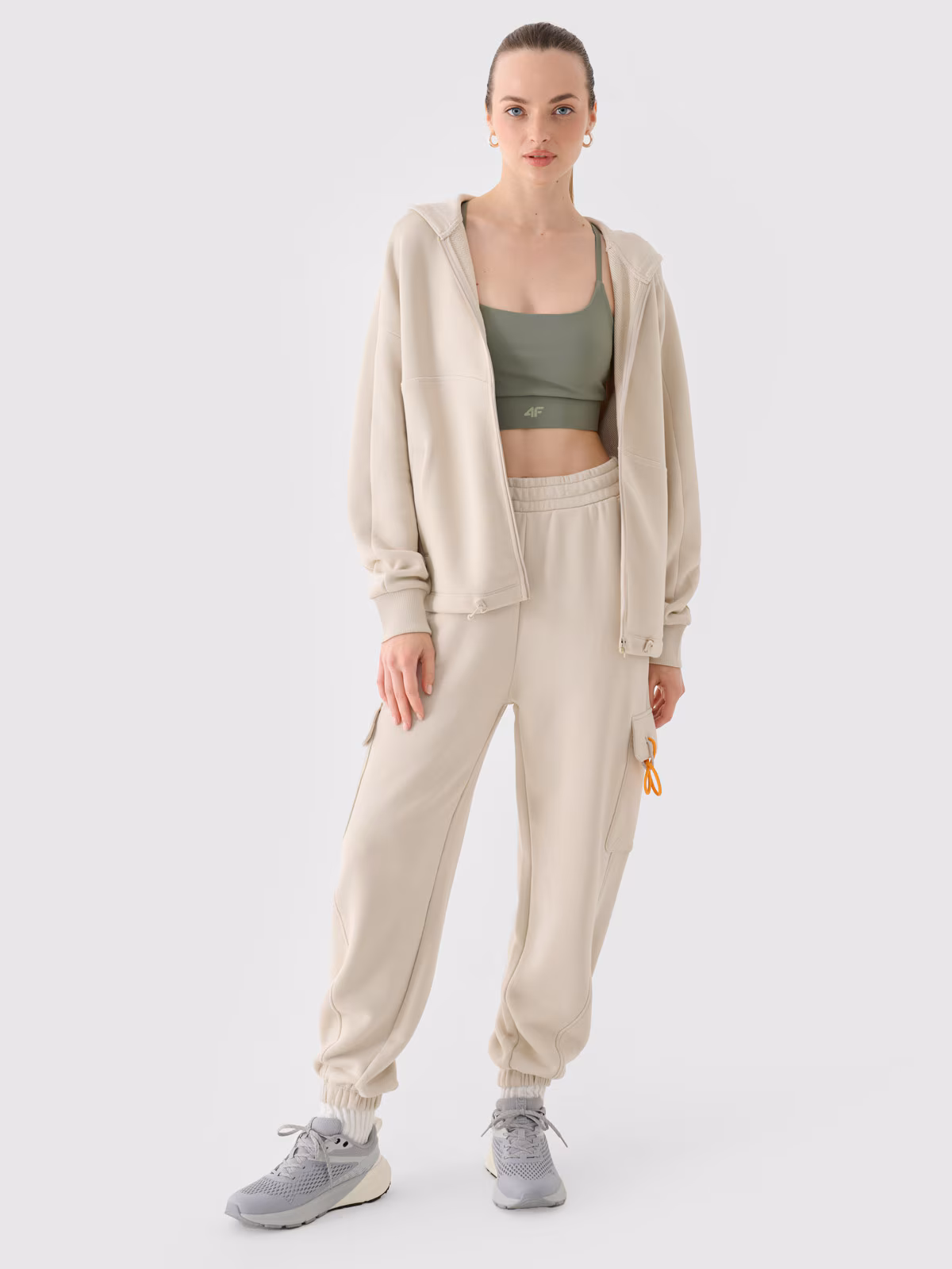 Bluza dresowa rozpinana z kapturem damska - oliwkowa/khaki