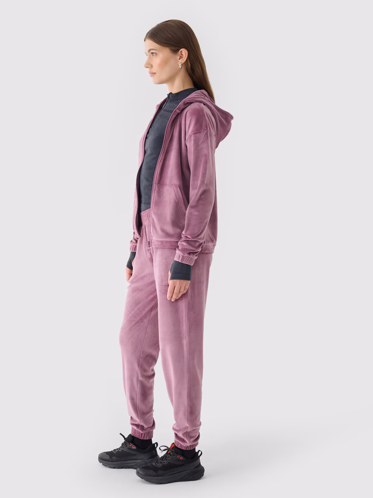 Bluza dresowa z weluru rozpinana z kapturem damska - granatowa