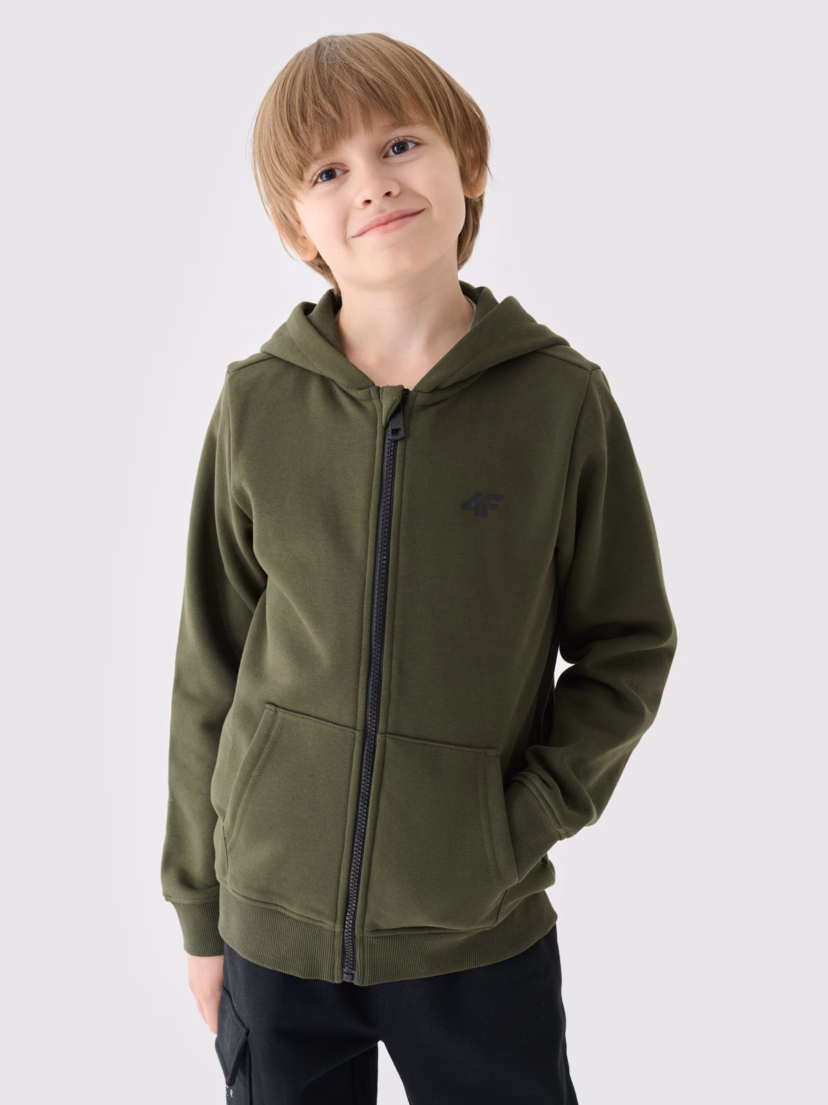 Bluza dresowa rozpinana z kapturem chłopięca - khaki