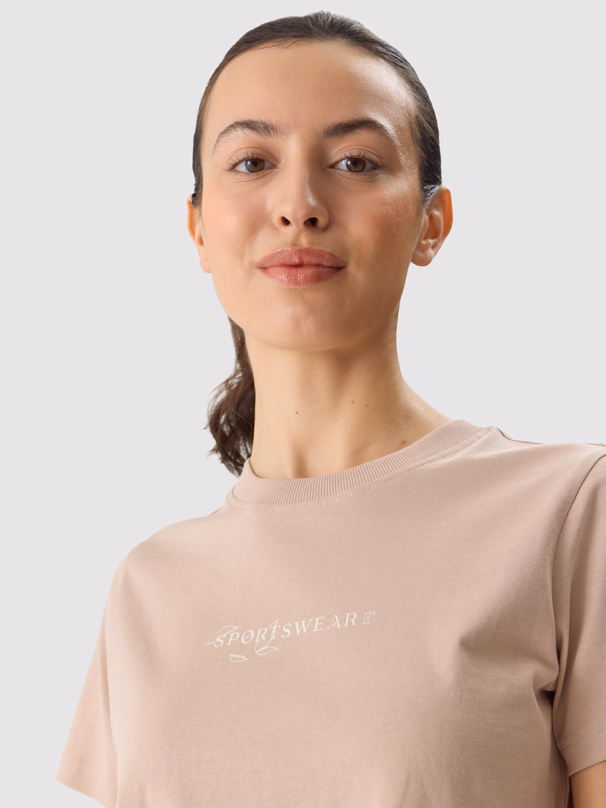 T-shirt regular z nadrukiem damski - beżowy