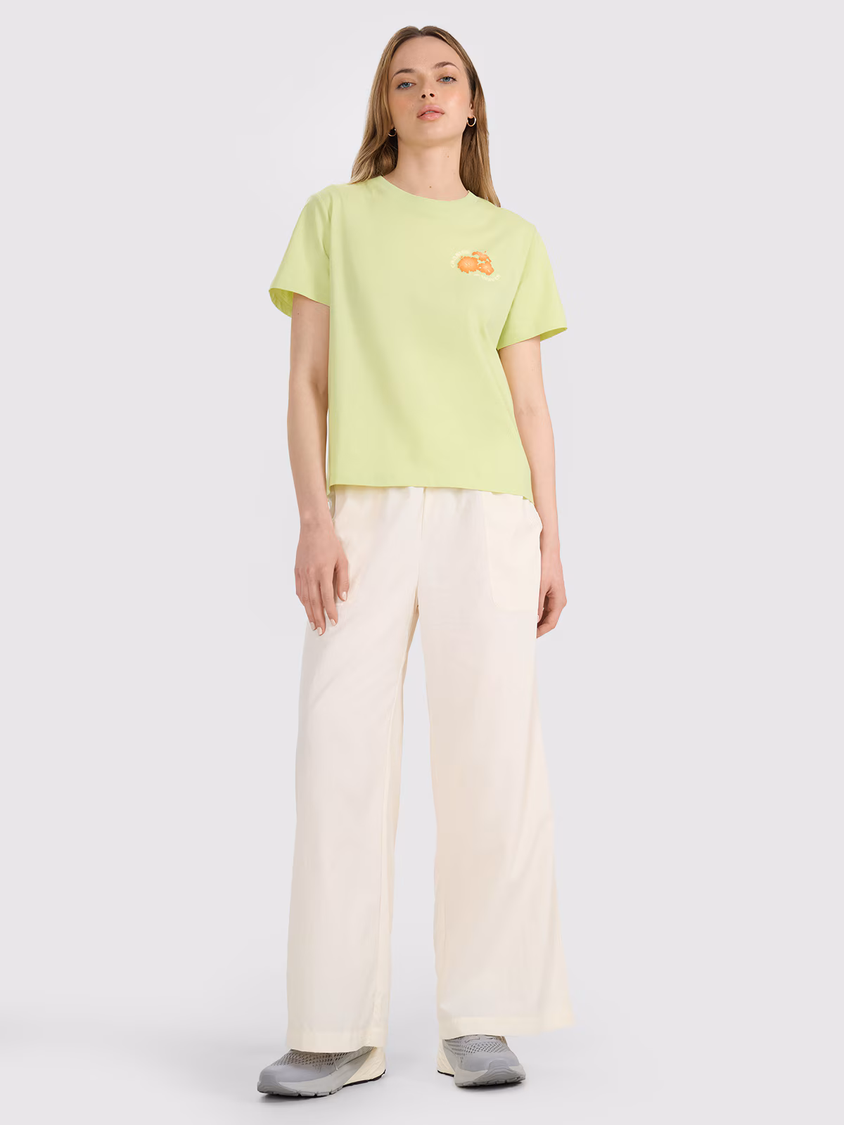 T-shirt oversize z nadrukiem damski - beżowy