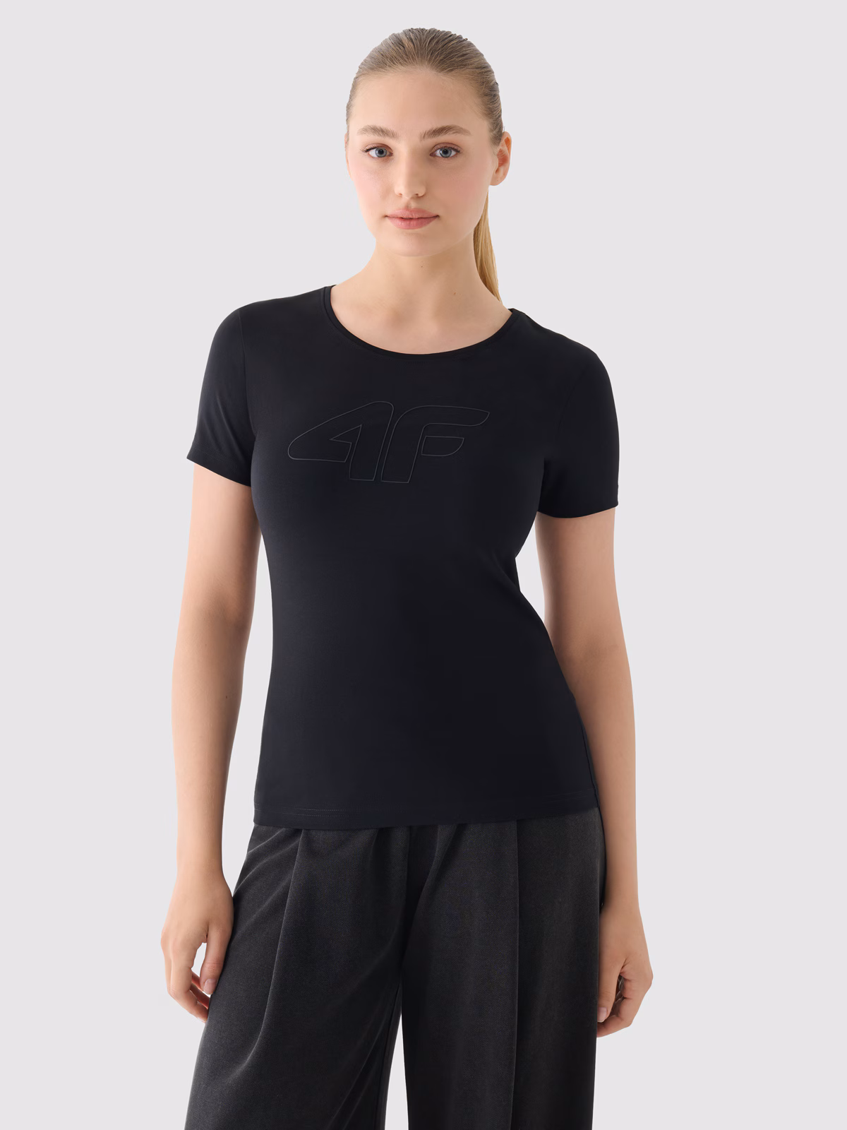 T-shirt slim z nadrukiem damski - niebieski