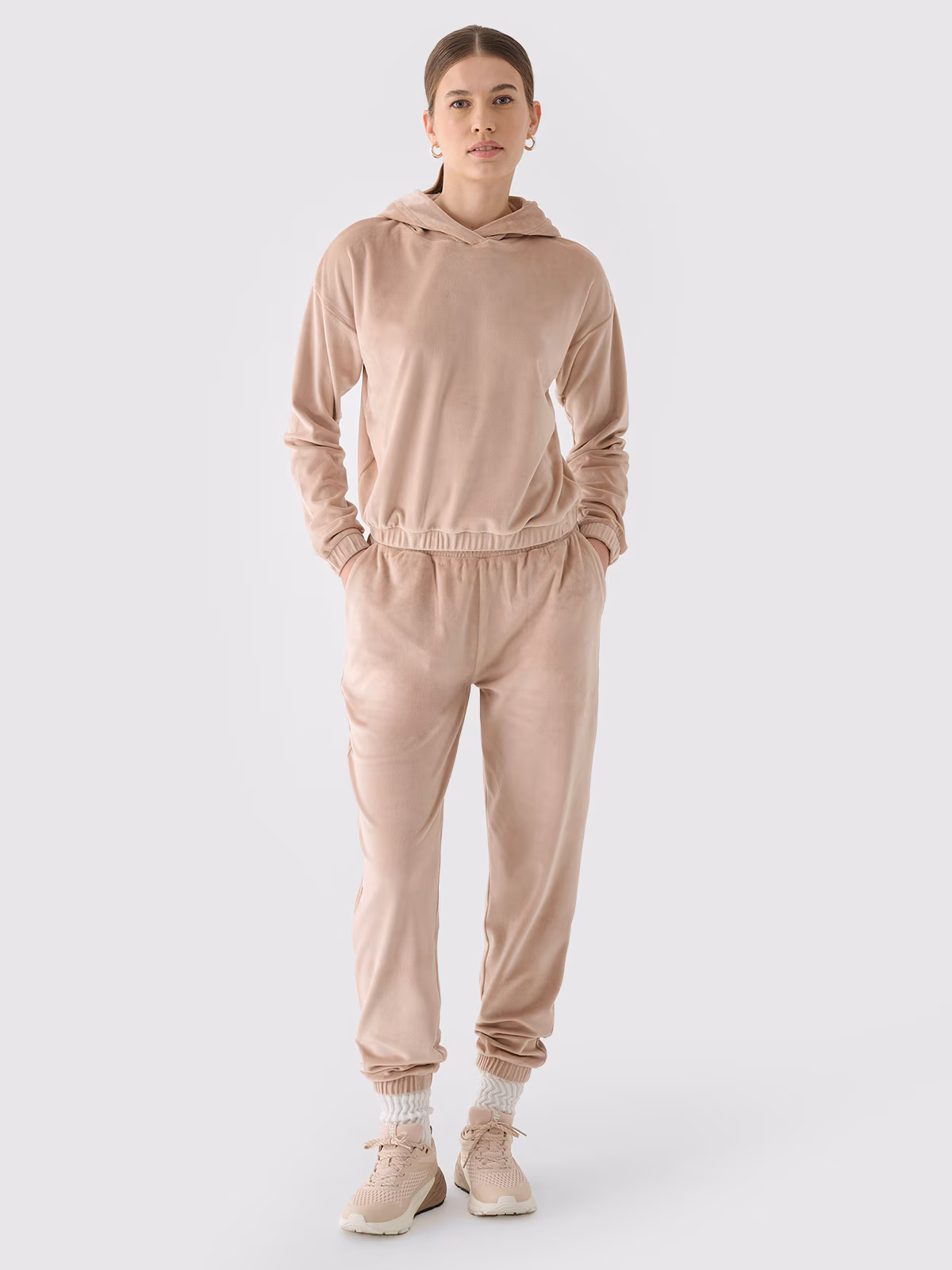 Bluza dresowa z weluru nierozpinana z kapturem damska - beżowa