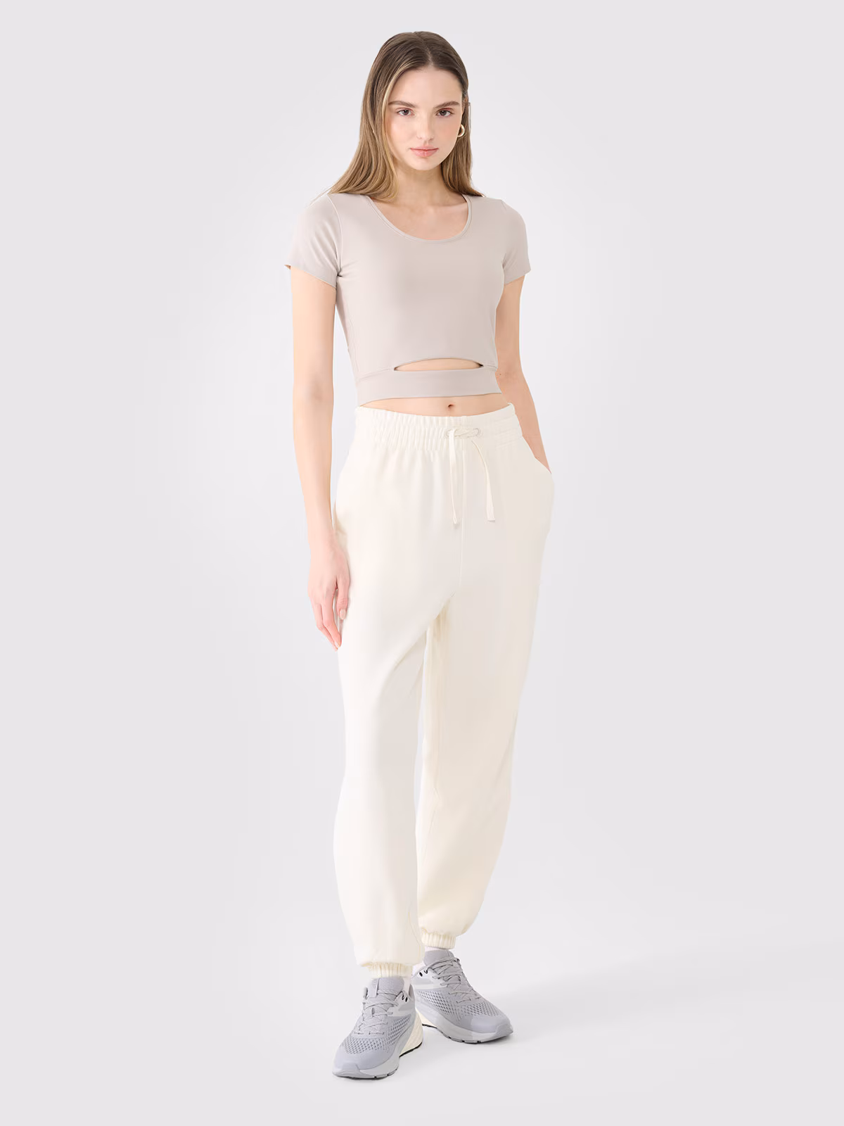 T-shirt crop top gładki damski - beżowy