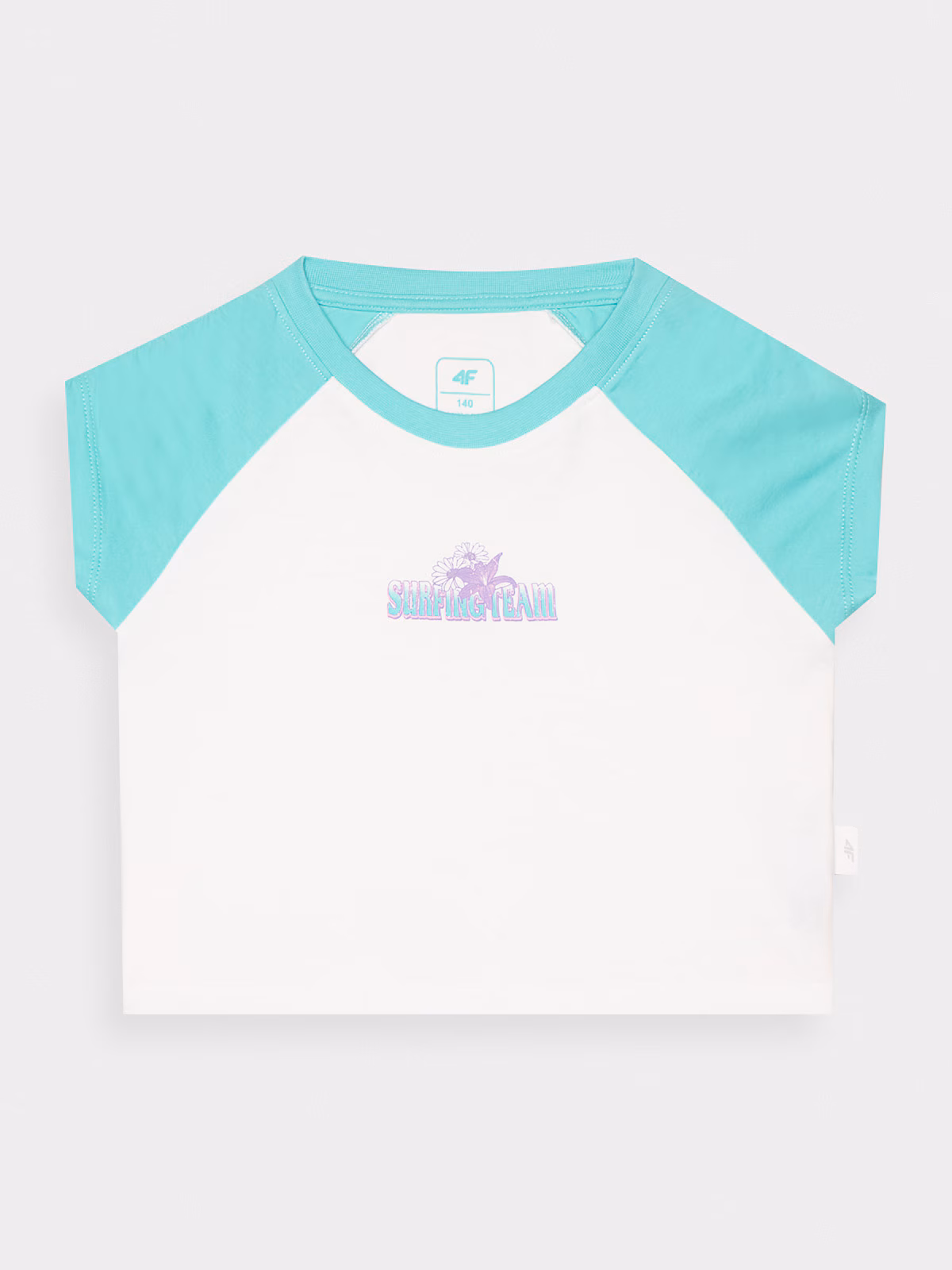 T-shirt cropped z nadrukiem dziewczęcy - turkusowy