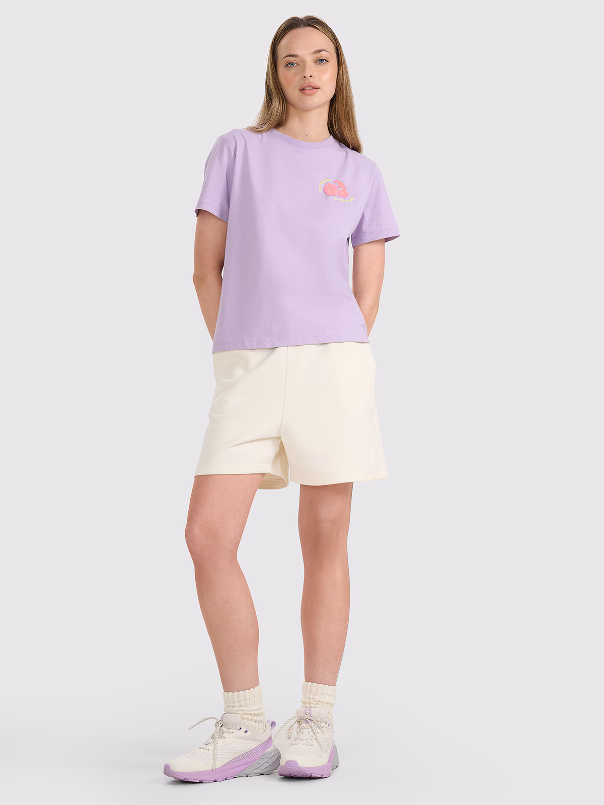 T-shirt oversize z nadrukiem damski - beżowy