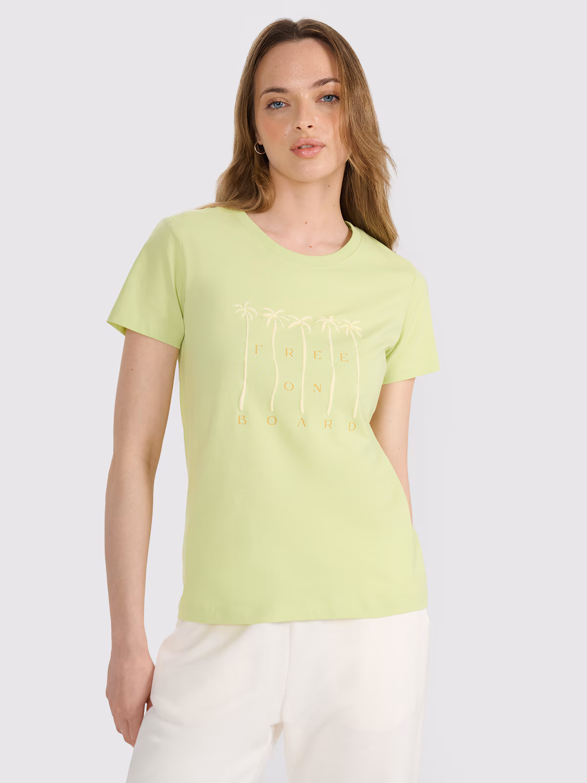 T-shirt regular z nadrukiem damski - beżowy